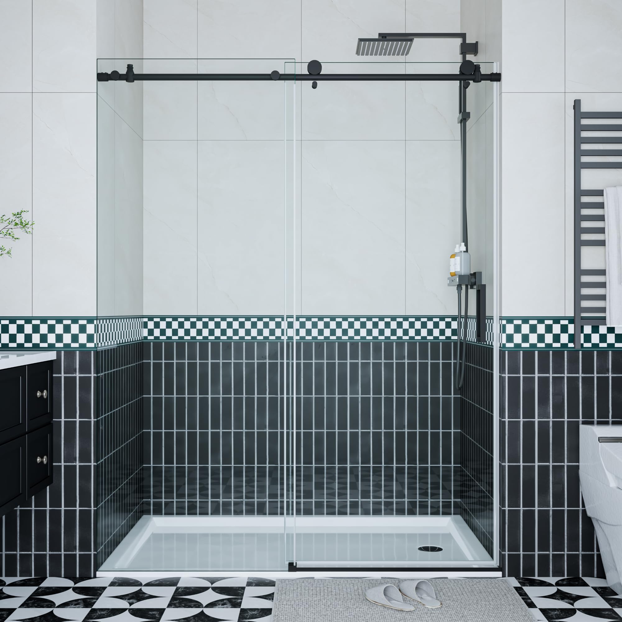 Frameless Shower Doors 56-60" W x 76" H, Sliding Door, 5/16" (8mm) Clear Tempered Glass, Space-Saving Design for Modern Bathrooms