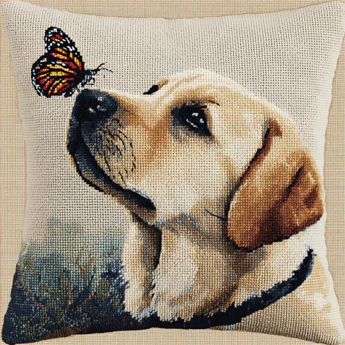 Kitquiver Animal Latch Hook Kits for Adults Cartoon Labrador DIY Latch Hook Kits Pillow Needlepoint Cushion Kit for Home Décor Needlework Set for Adult Beginners 17x17In