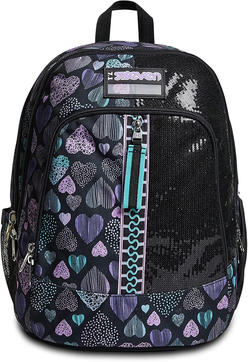 Zaino Scuola Seven Advanced - Patchyheart Girl Ragazza - Nero fantasia cuori - Doppio scomparto - Tasca porta borraccia Zaino Scuola Seven Advanced - Patchyheart Girl Ragazza - Nero fantasia cuori - Doppio scomparto - Tasca porta borraccia