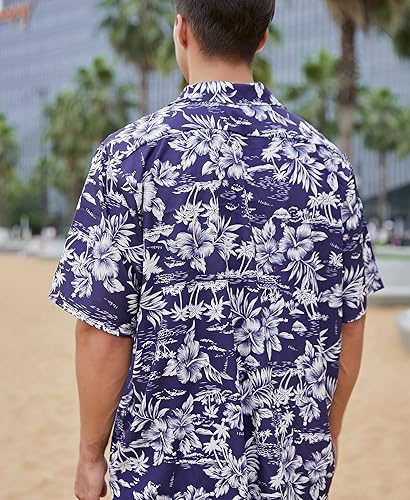 Vista 3 de Yoimira Camisas hawaianas para hombre, estampado casual de manga corta con botones, camisa floral Aloha para la playa