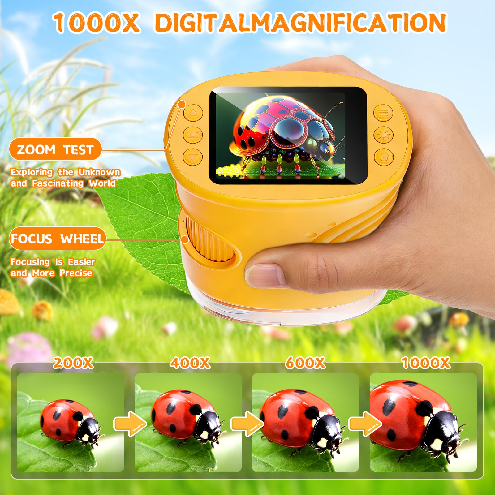 Numérique pour Enfants 1000X, 2.0 Pouces Microscope Enfant, 8 LED, USB Rechargeable, Jouet Scientifique et Éducatif, Sciences de Plein air pour Les 3 Ans et Plus, garçons et Filles