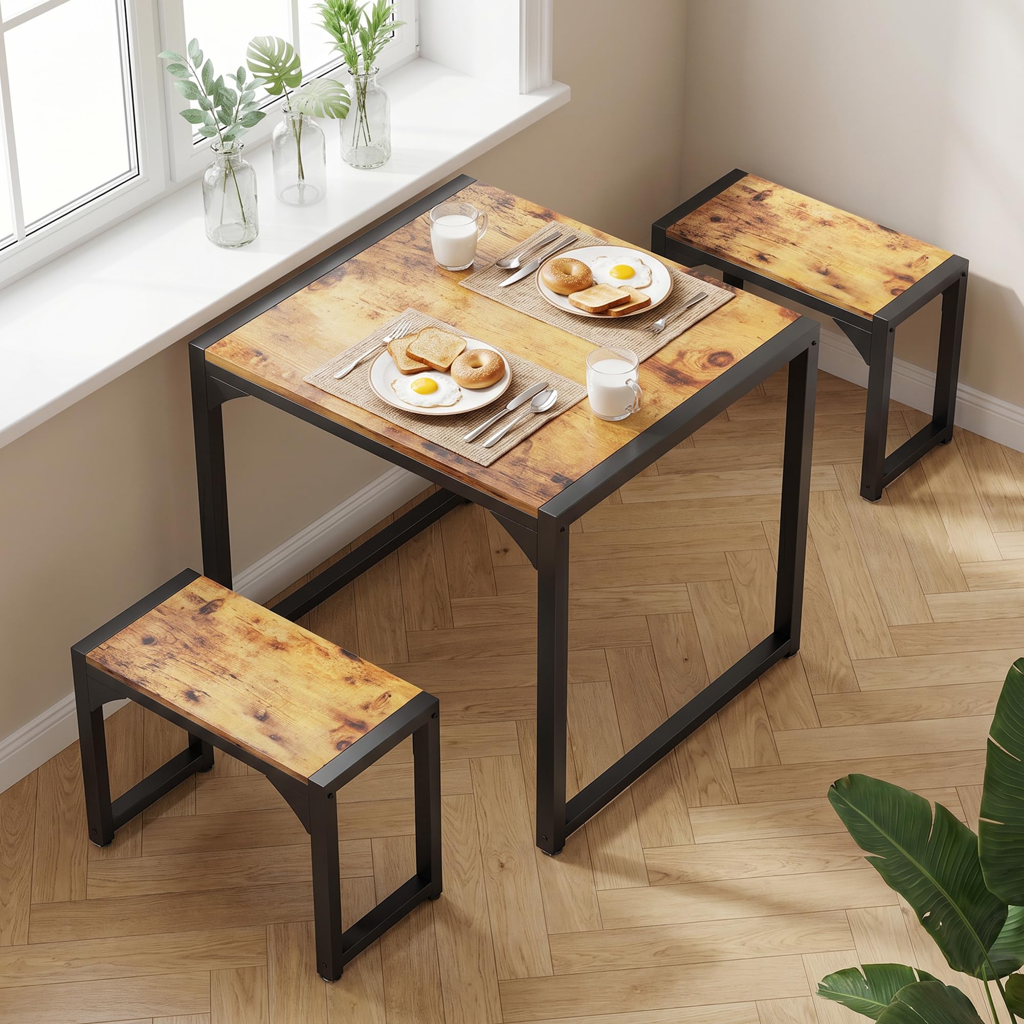 Esstisch mit 2 Bänken, 3-teiliges Esstisch-Set, Küchentisch 65x65x76cm, 2 Bänke je 30x50x45cm, kompaktes Esstisch-Set aus Metallrahmen für Küche & Esszimmer, Retro