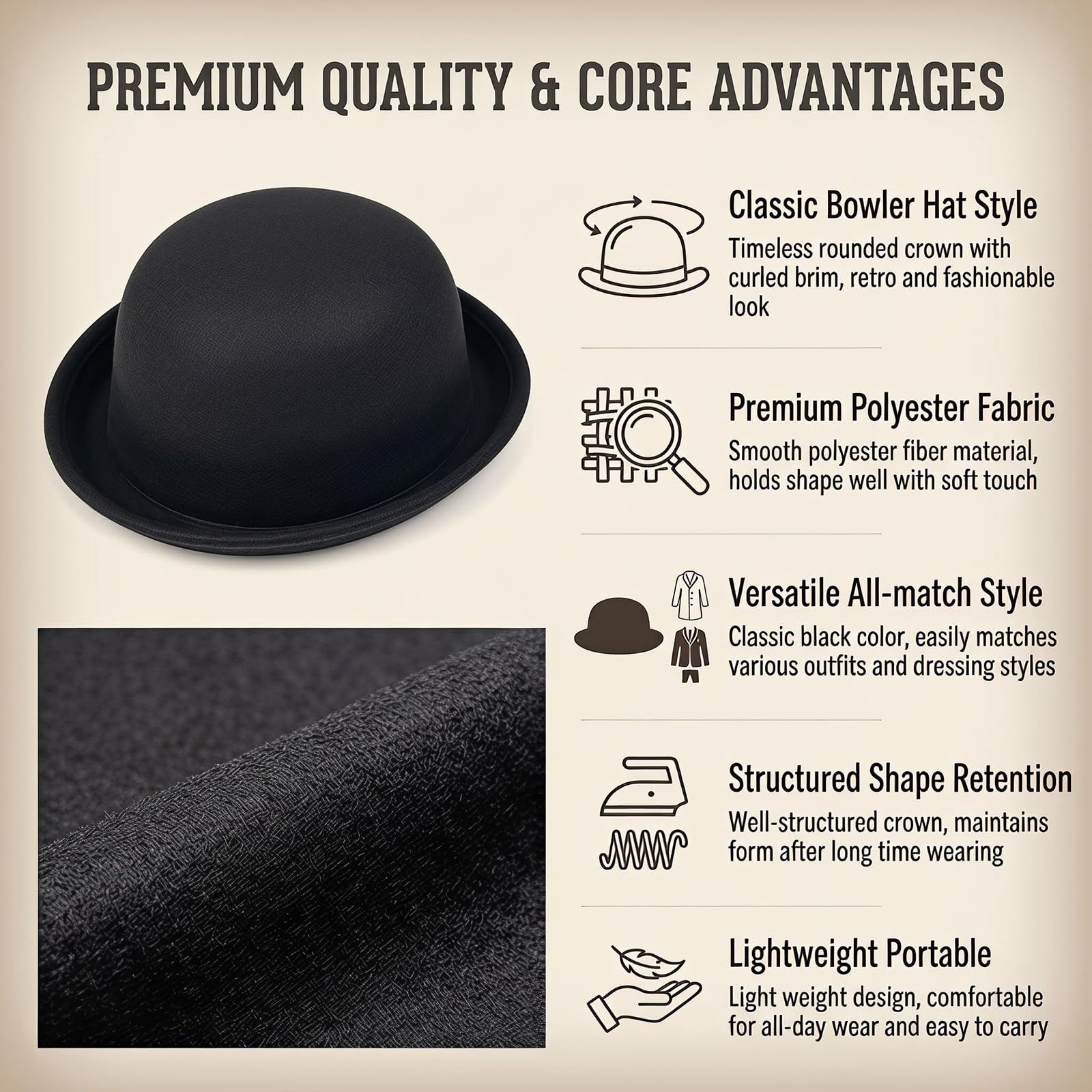 Chapeau melon Derby noir vintage à bord roulé pour homme et femme 56-58 cm