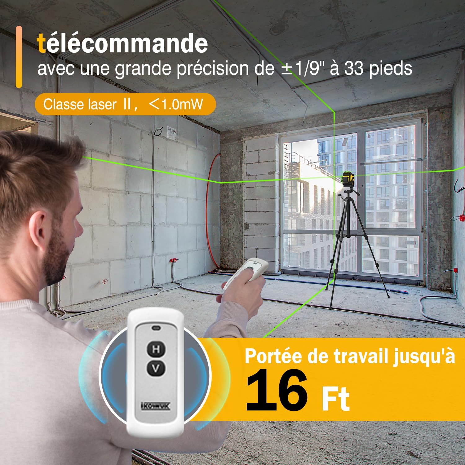 Niveau Laser mit répied，3x360°Laser Chantier Autonivelant vert 3D,rotatif avec 59.9inch trepied Réglable, 5200mAh Batterie Rechargeable