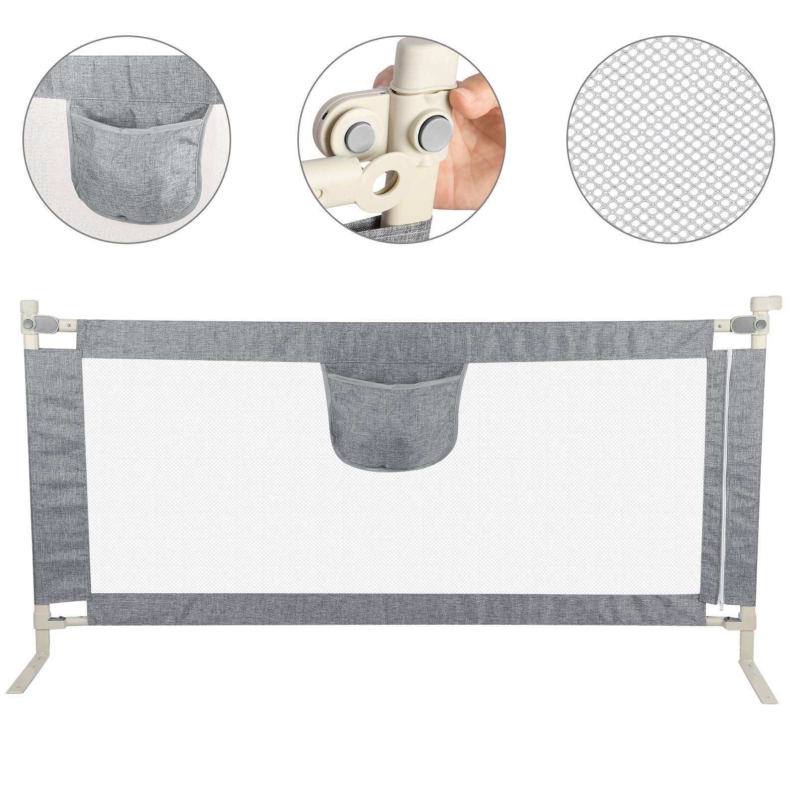 Barrière de lit de 150/180/200 cm, Protection Contre Les Chutes, Réglable en Hauteur 70-105 cm, Barrière de lit pour Tout-Petits, Barrière de lit avec Filet aéré,Facile à Monter (200cm,Gris)