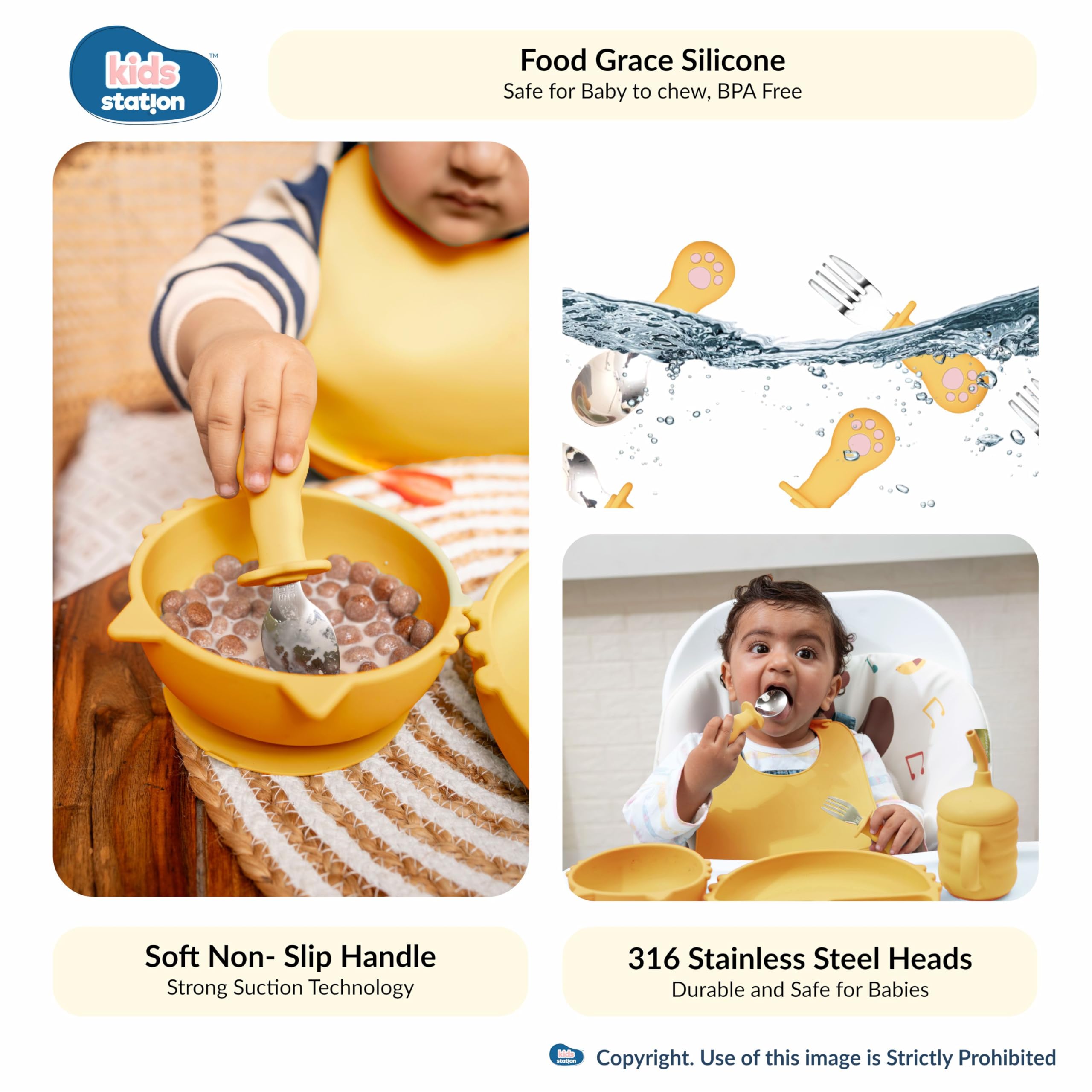 Kids Station 6 Piece Portable Cat Shaped Silicone Baby Feeding Set - Baby Bib, Plate, Fork, Sipper, Spoon and Bowl   , Mealtime Essentials, Promotes Baby Self-Feeding for Highchair (Yellow) - Image 4 thumbnail