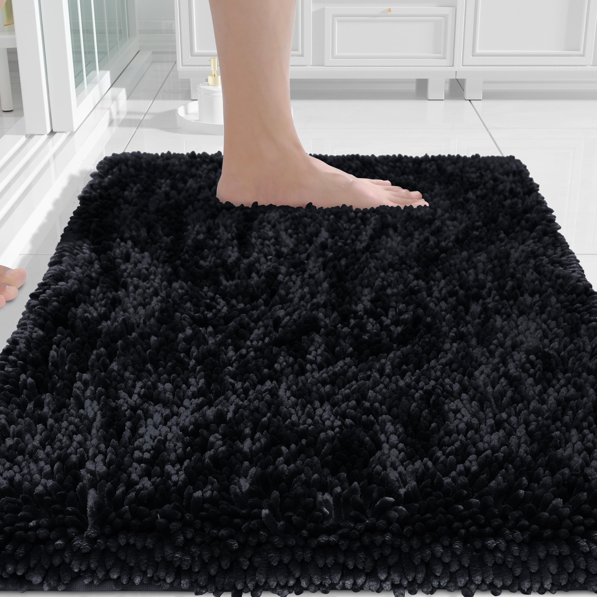 Yimobra Luxury Chenille Bath Rug, Extra Soft and Absorbent Shaggy Bathroom Mat, Machine Washable, Non-Slip Plush Rugs Carpet for Tub, Shower, and Bath Room, 24 x 17 Inches, Black