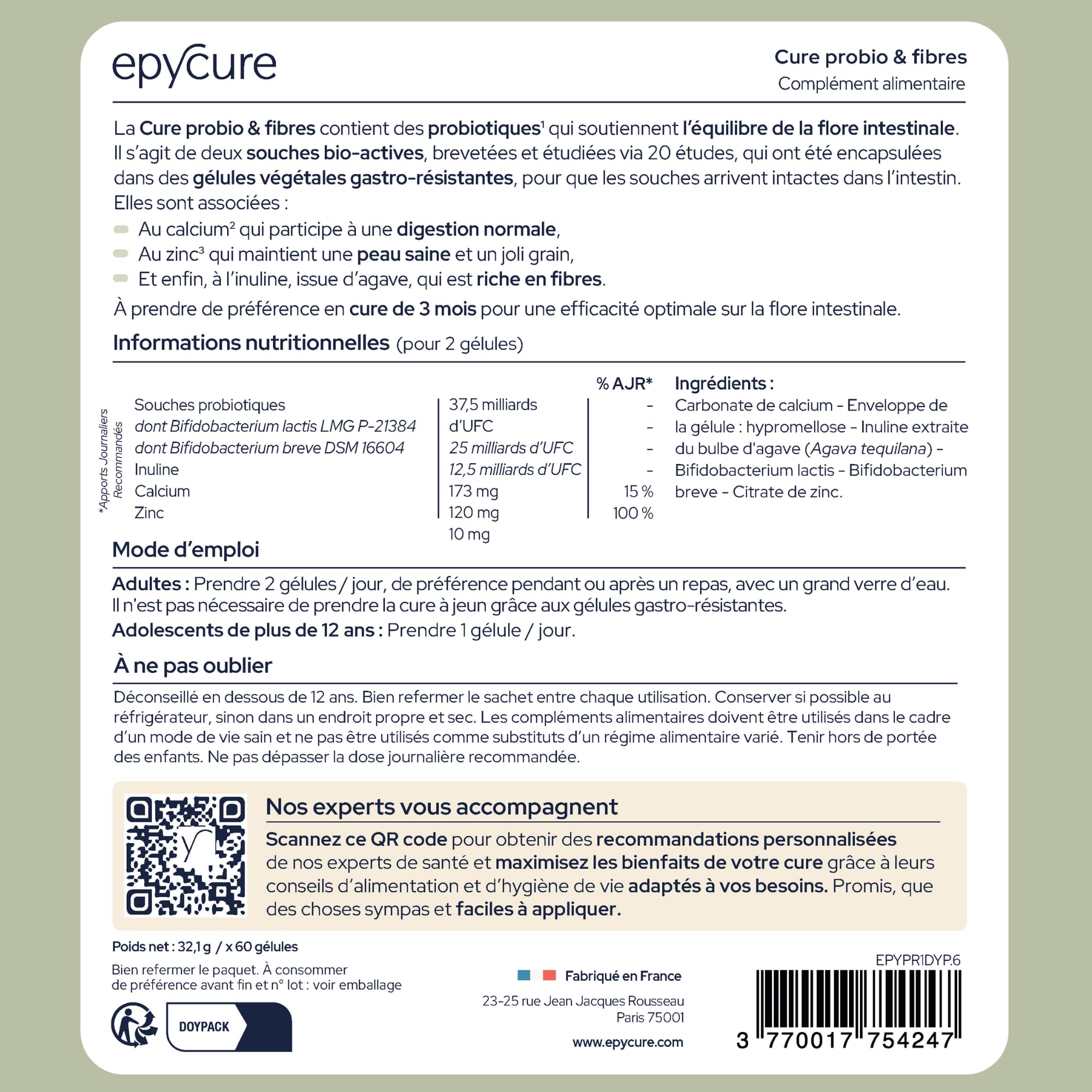EPYCURE - Cure Complexe Probio et Fibres - Rééquilibre Microbiote Intestinal, Améliore Digestion - 100% Naturel - 4 Souches Probiotiques, Inuline, Calcium, Zinc - 1 Mois - Vegan - Fabriqué en France