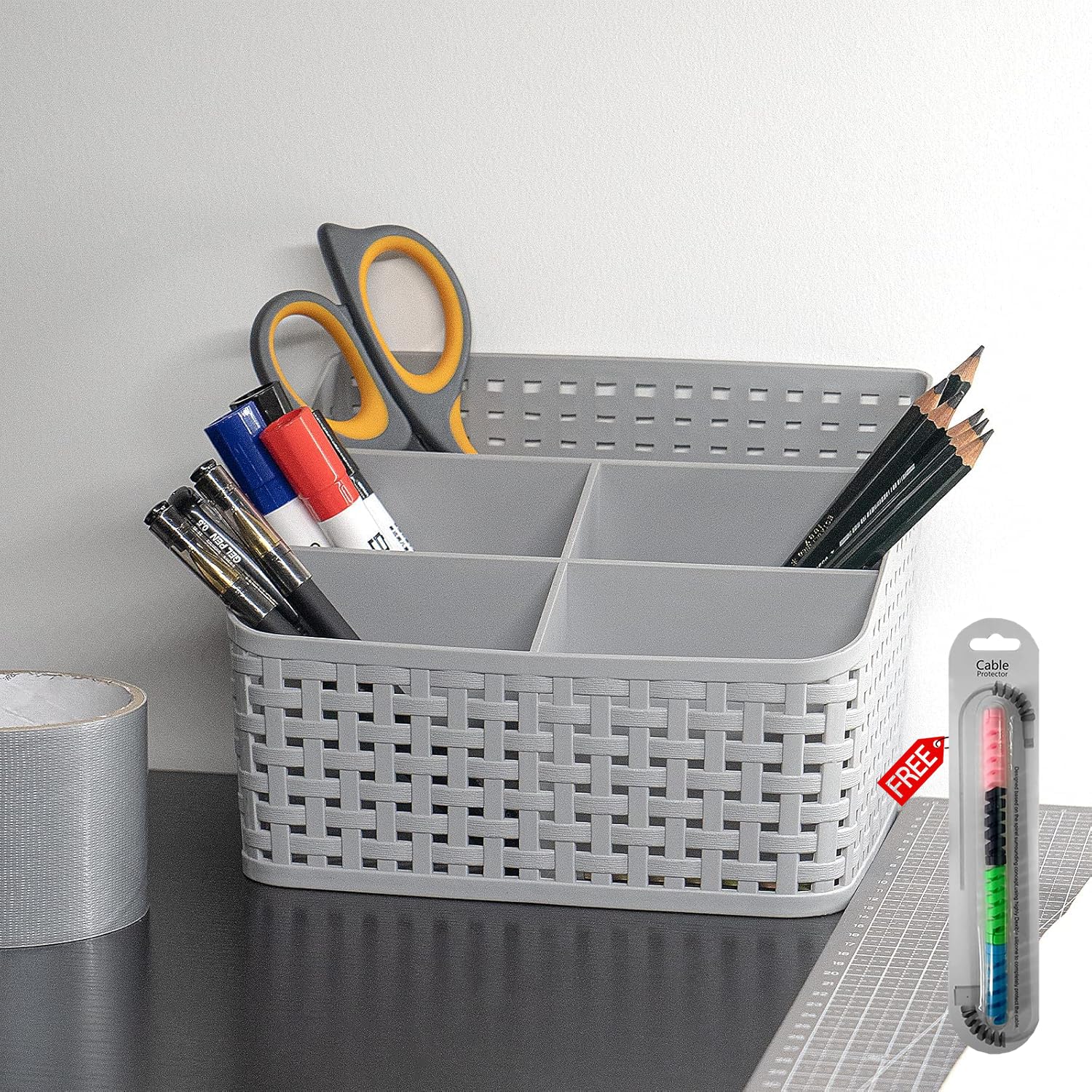 Storage Basket | Free Charging Cable Protector | Makeup, Stationery, Desk, Kitchen StorageI Multi-Functional Organizer | With 5 Compartments | Plastic | Multicolor | Set of 1