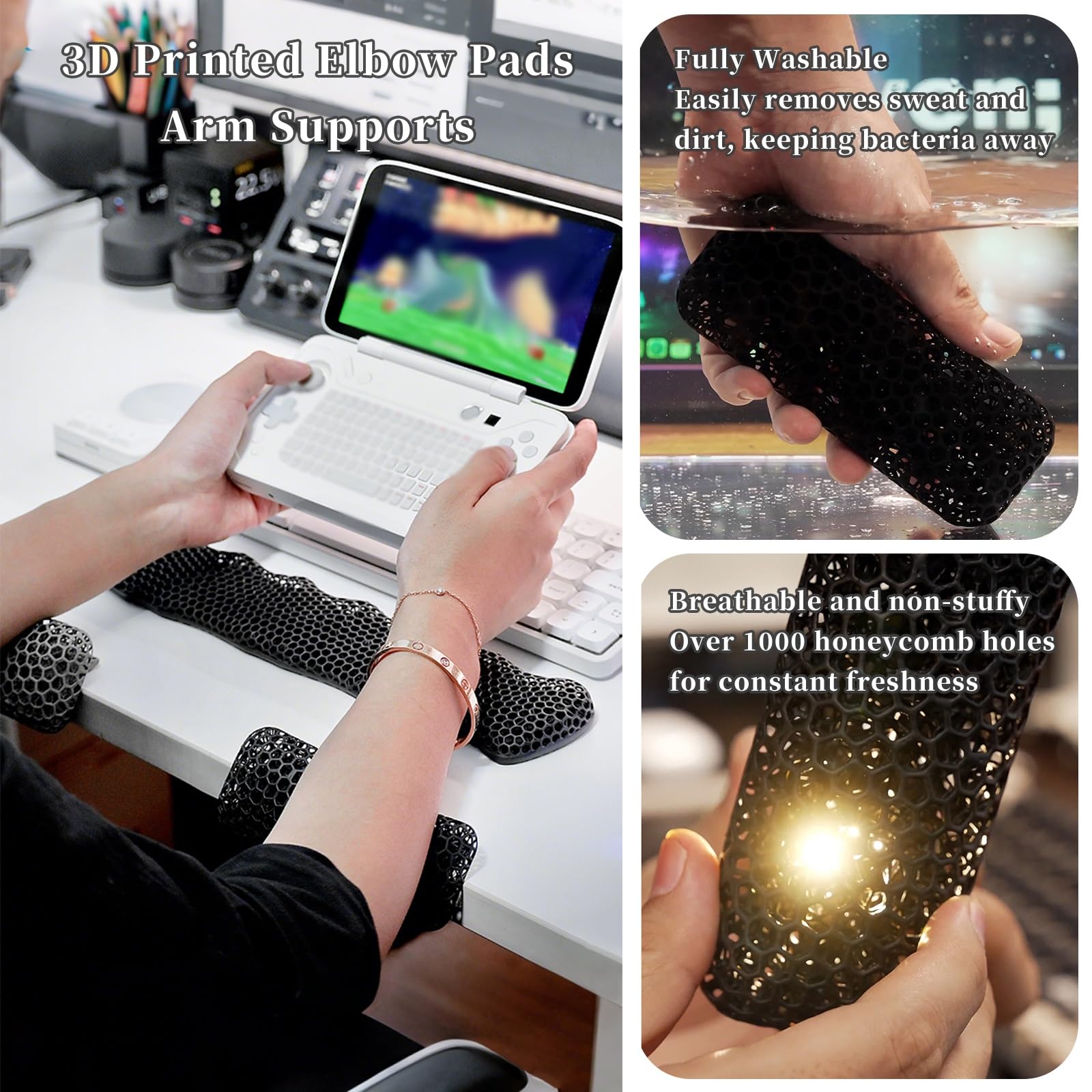 FORRTY Almohadilla Reposabrazos con Reposamuñecas Impresa En 3D, Soporte Ergonómico for Teclado Y Ratón, Transpirable, Lavable, Cojín for Escritorio, PC, Juegos, Escritura(Rosa,Three)