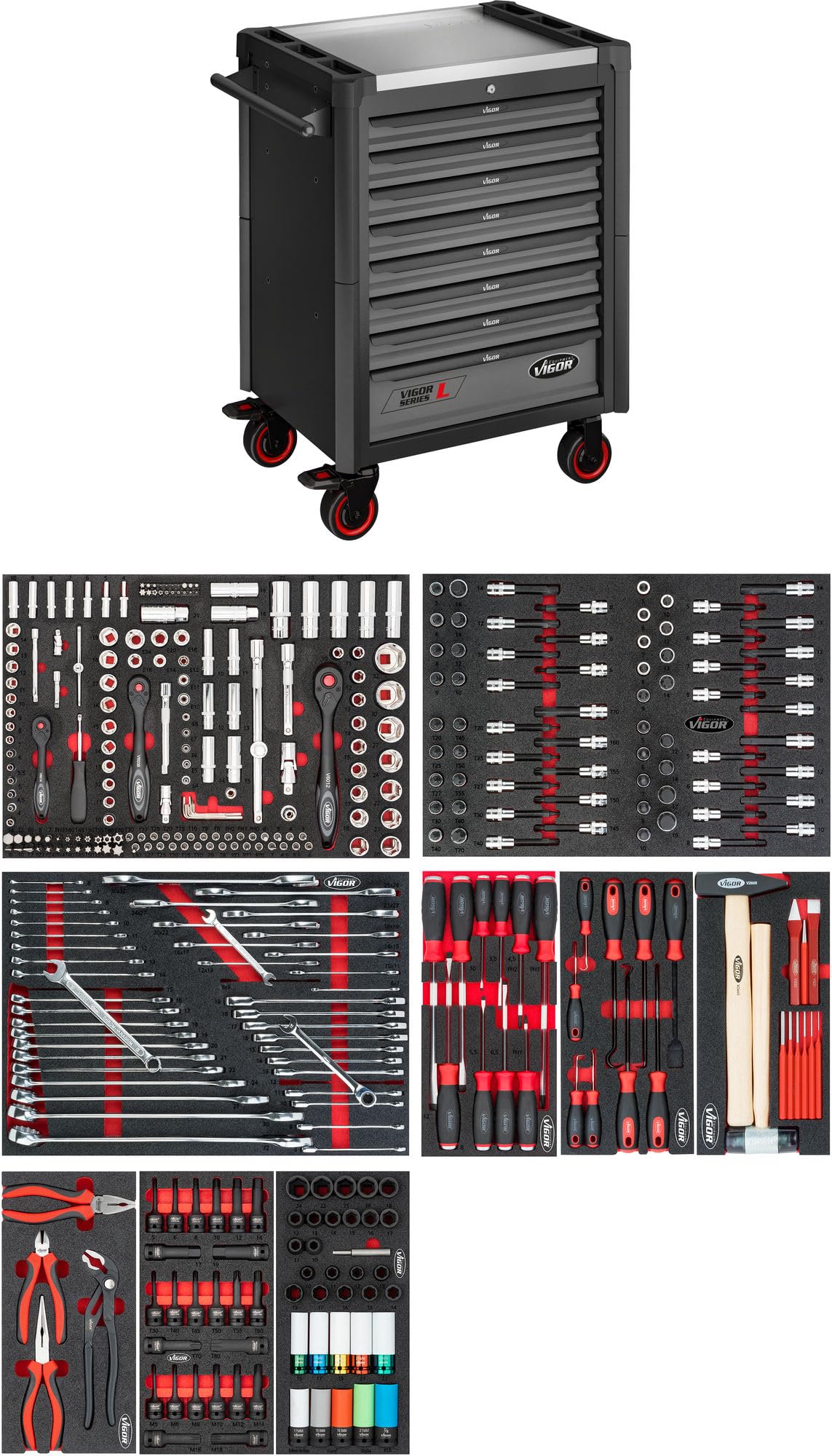 Vigor Workshop Trolley V1901-X/376 Series L, 8 Drawers, with Reversible Ratchets, Socket Wrench, Screwdriver, Pliers Set, Stainless Steel Worktop, 500 kg Load Capacity, Powder-Coated