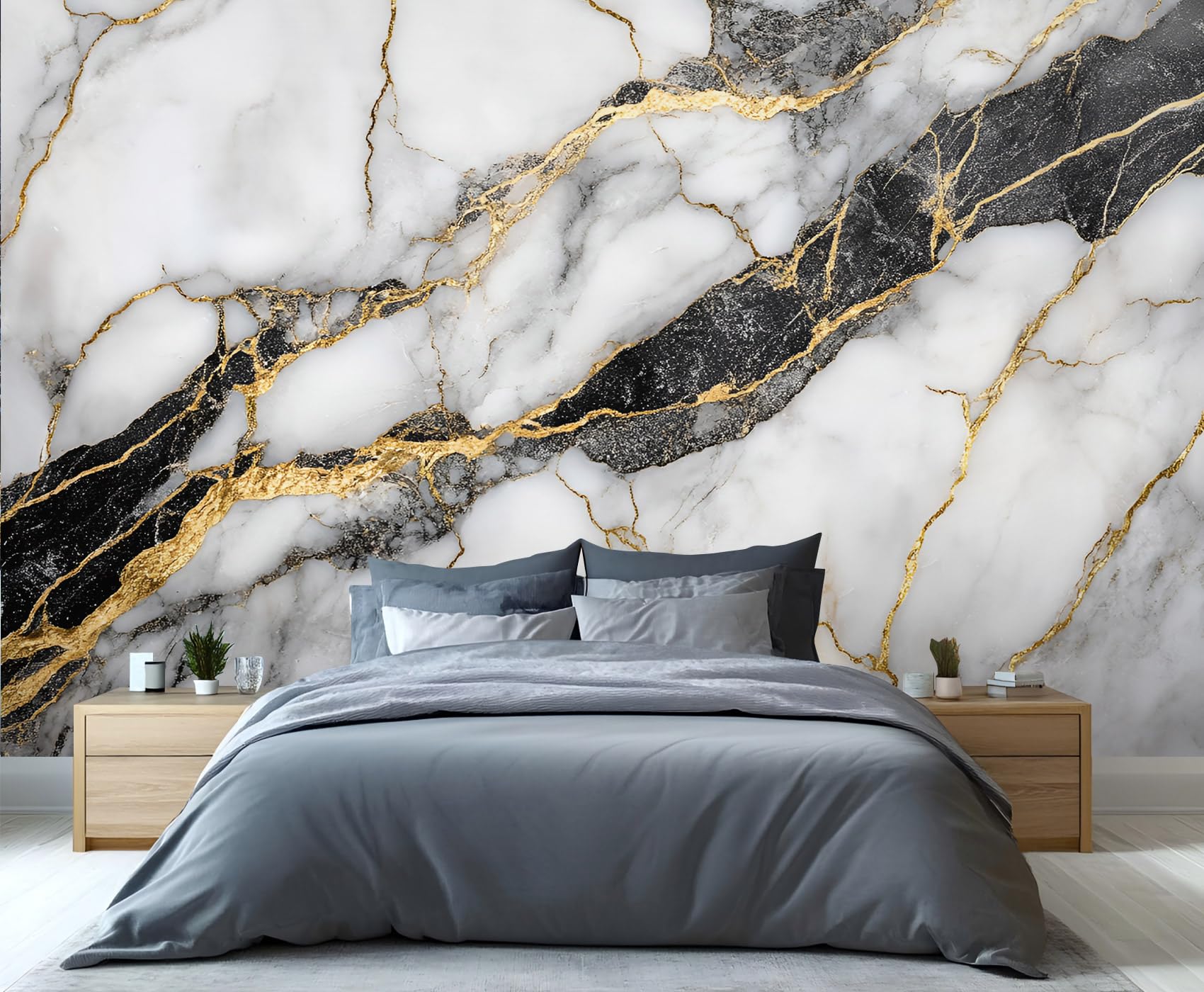YXQAIED Black Gold and Gray Wallpaper, Modern Marble Wallpaper for Living Room & Home Decor, Luxury Textured Wallpapers for Bedroom, 3D Print Wall Mural (Not Peel and Stick)