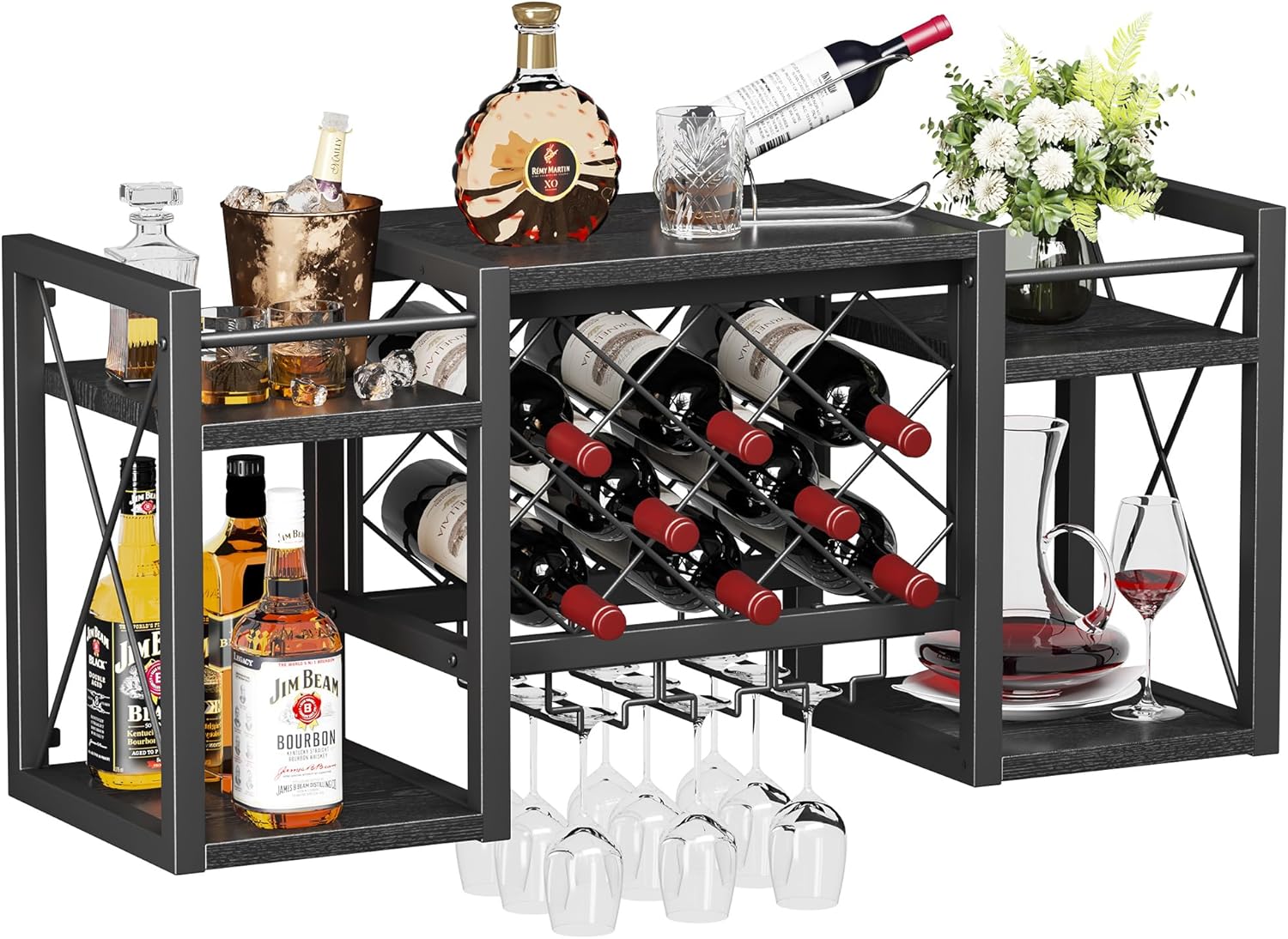 Wall Mounted Wine Rack with Glass Holder, Wood-Metal Retro Bar Shelf, Wine Bottles Display Wall Storage for Kitchen Dining Room Home Bar, Black 31.5 inch Black