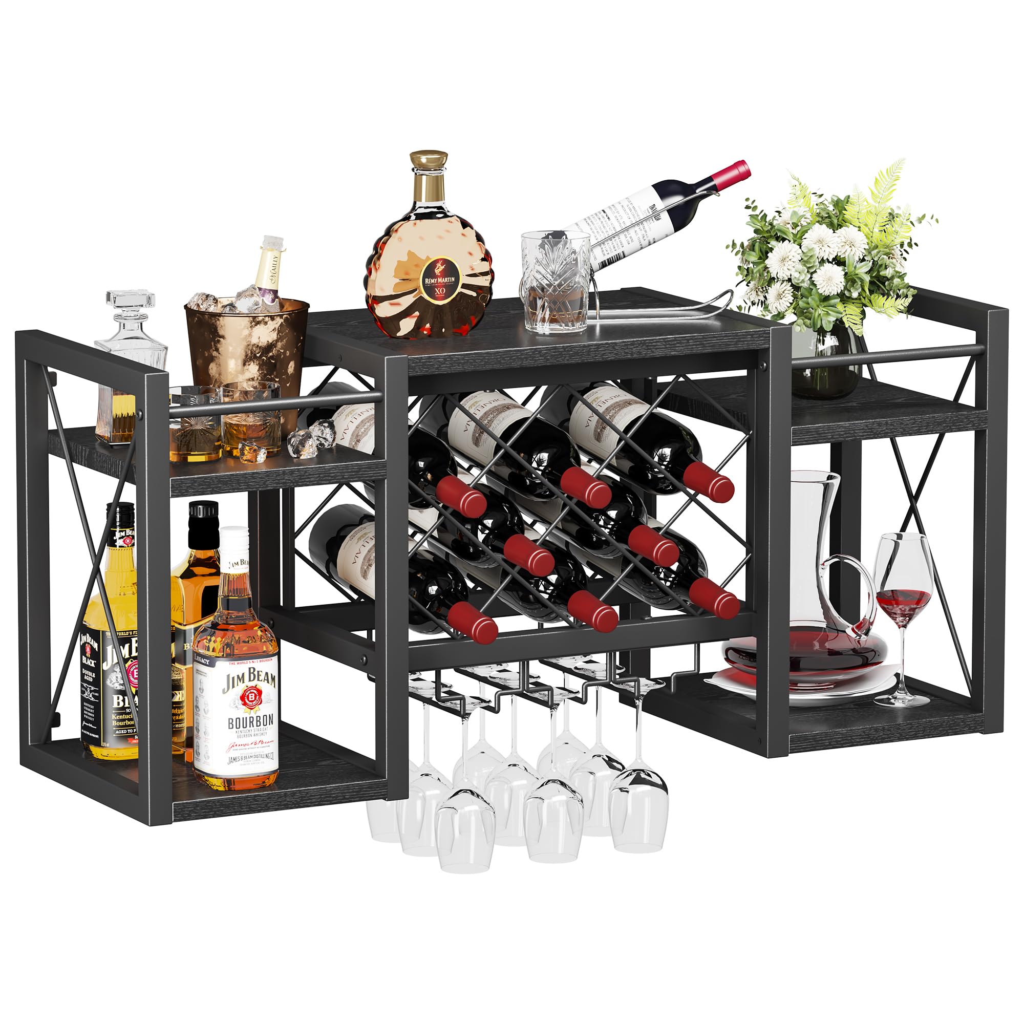 Wall Mounted Wine Rack with Glass Holder, Wood-Metal Retro Bar Shelf, Wine Bottles Display Wall Storage for Kitchen Dining Room Home Bar, Black