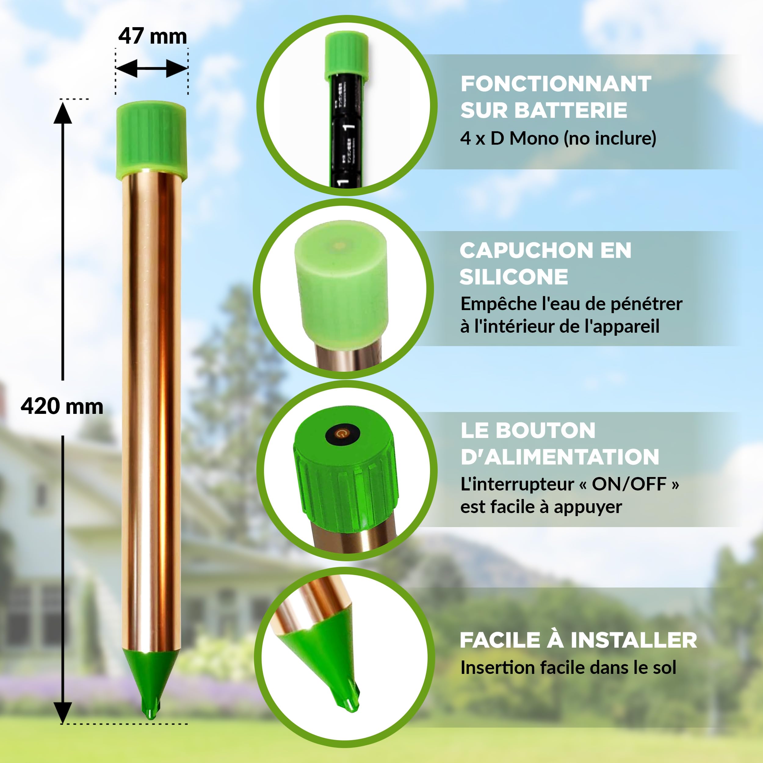 ISOTRONIC Répulsif Anti-Taupes pour repousser Les Taupes, Les campagnols et Les Serpents – Répulsif Anti-Taupes à Piles avec Piquet de Sol pour Le Jardin – Zone d'efficacité de 1 250 m² (1 unité)