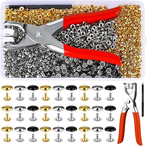 180 juegos de remaches de cuero de 0.236 in, remaches de cuero de doble tapa redonda, 3 tapas de colores, remaches de cuero, tachuelas de metal con