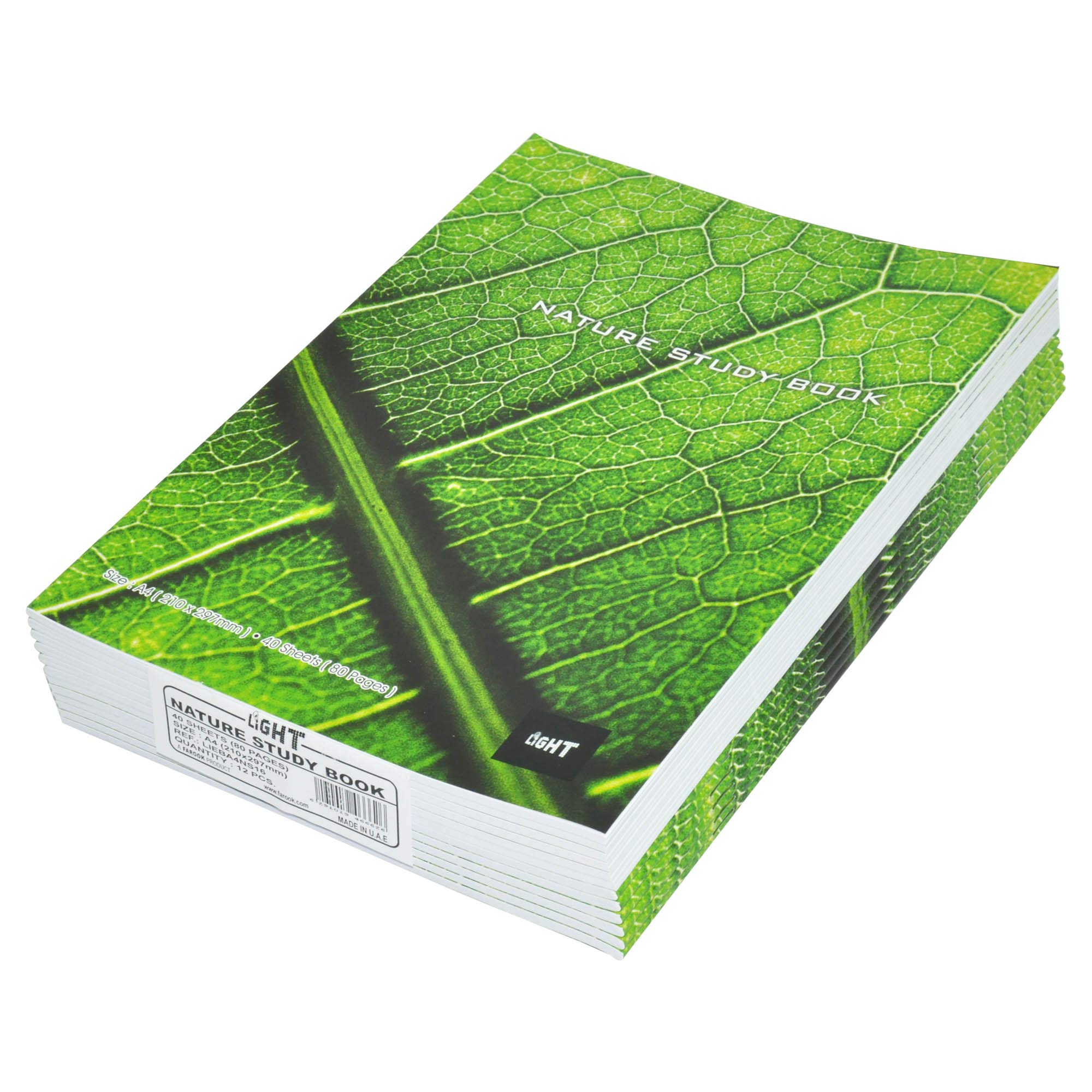 LIGHT Nature Study Book, A4 Size(210x297mm), 40 Sheets, 80 Pages, Single Line with Borders & 1 Side Plain, Packet of 12 Pieces, Nature Green Cover - LIEBA4NS16