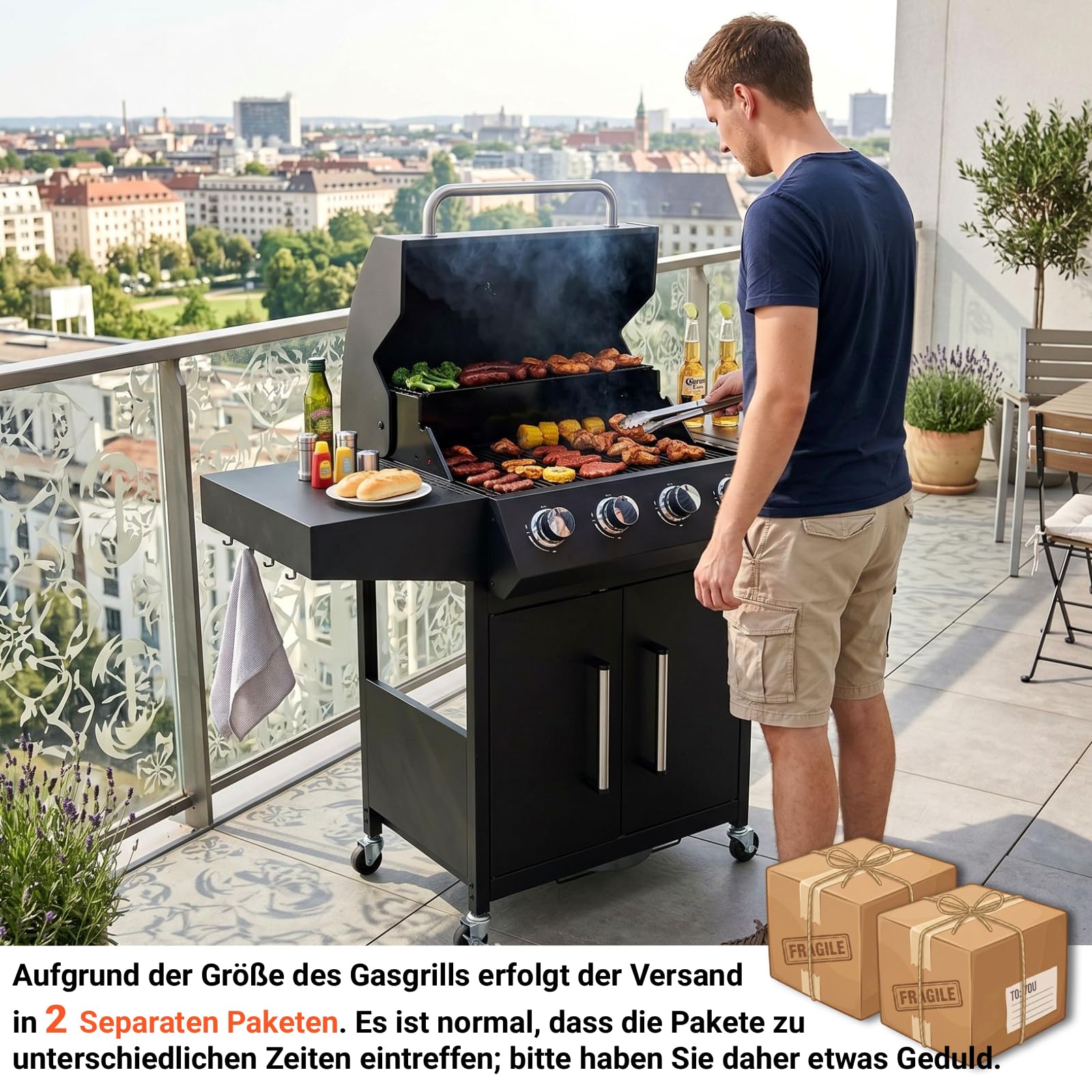 TLSUNNY Gasgrill 4+1 Brenner 15 kW, BBQ Grillwagen Gas mit Seitenkochfeld, Gasgriller Outdoor Edelstahl mit Thermometer, 4 PCS Rollen, 60x42 cm Grillrost & Warmhalterost, Grillküche für Balkon, Garden