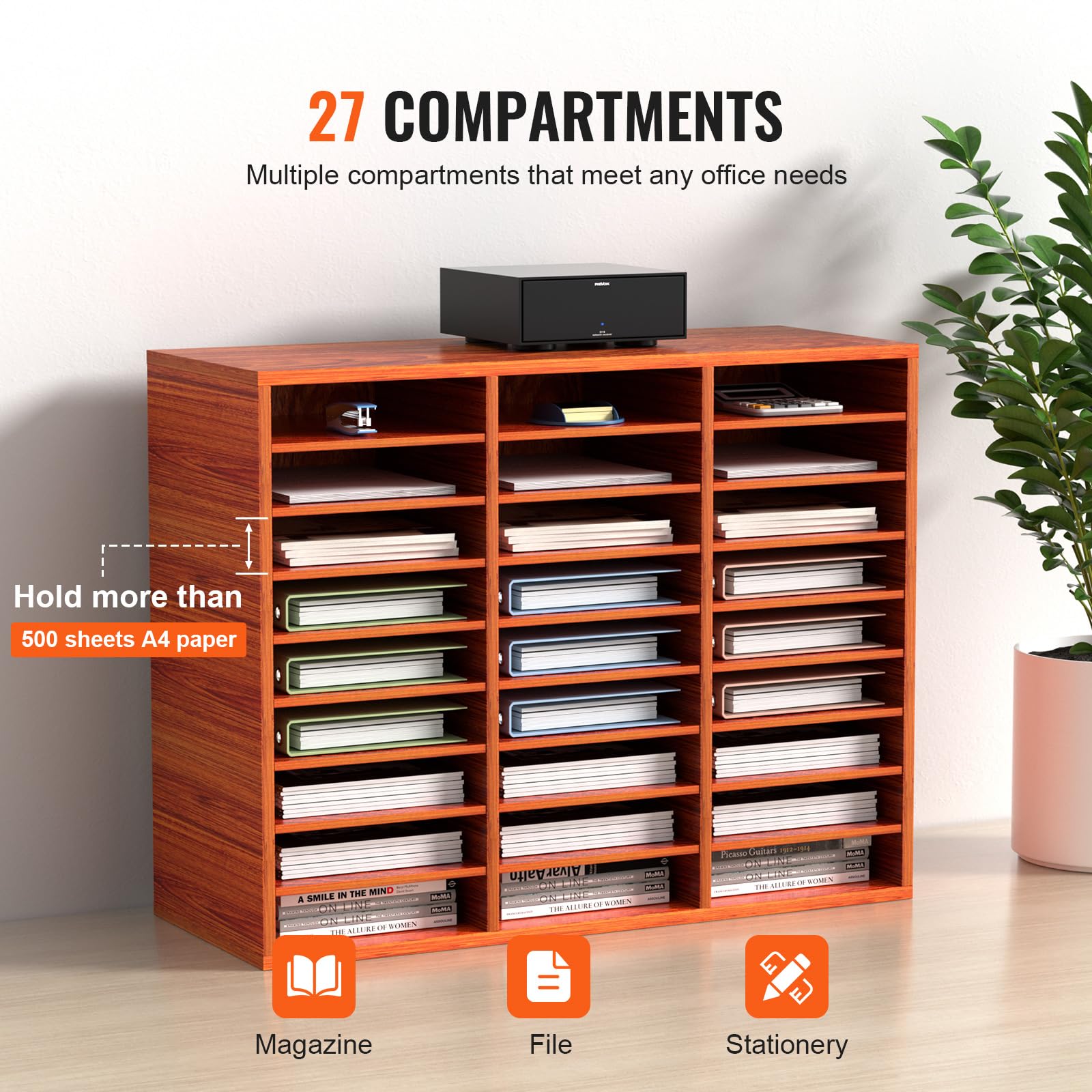VEVOR Organisateur de Bureau en Bois 80x30,5x63 cm, Trieur de Fichiers à 27 Compartiments, Meuble à Courrier en MDF, Étagères Amovibles, Classeur pour Ranger Papiers Magazines Bureau École, Marron