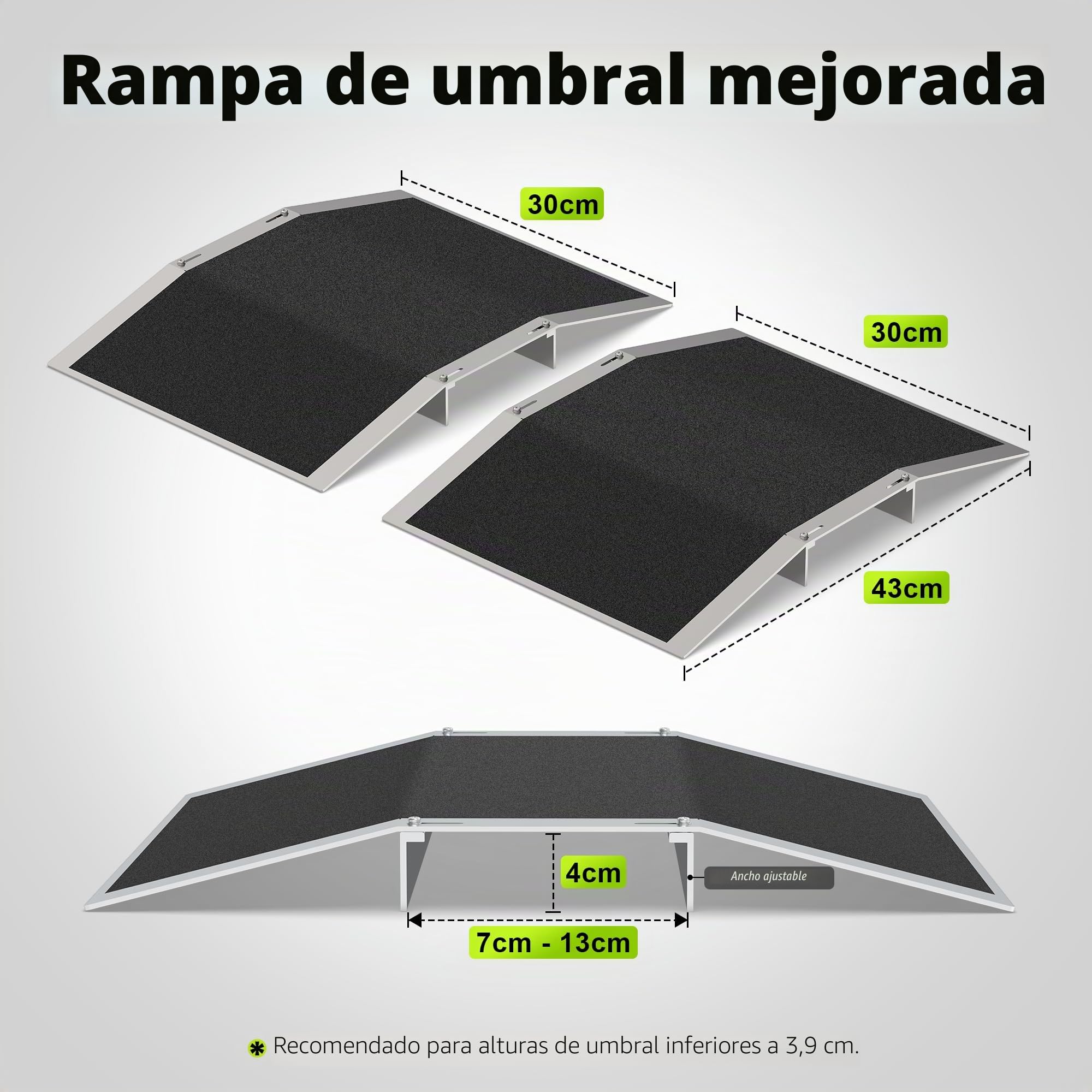 2 piezas de rampa para umbrales de puerta – 30 cm × 4 cm – Rampa de umbral ajustable para puertas de 7–13 cm de ancho – Rampa antideslizante de aluminio para sillas de ruedas para casa, puertas