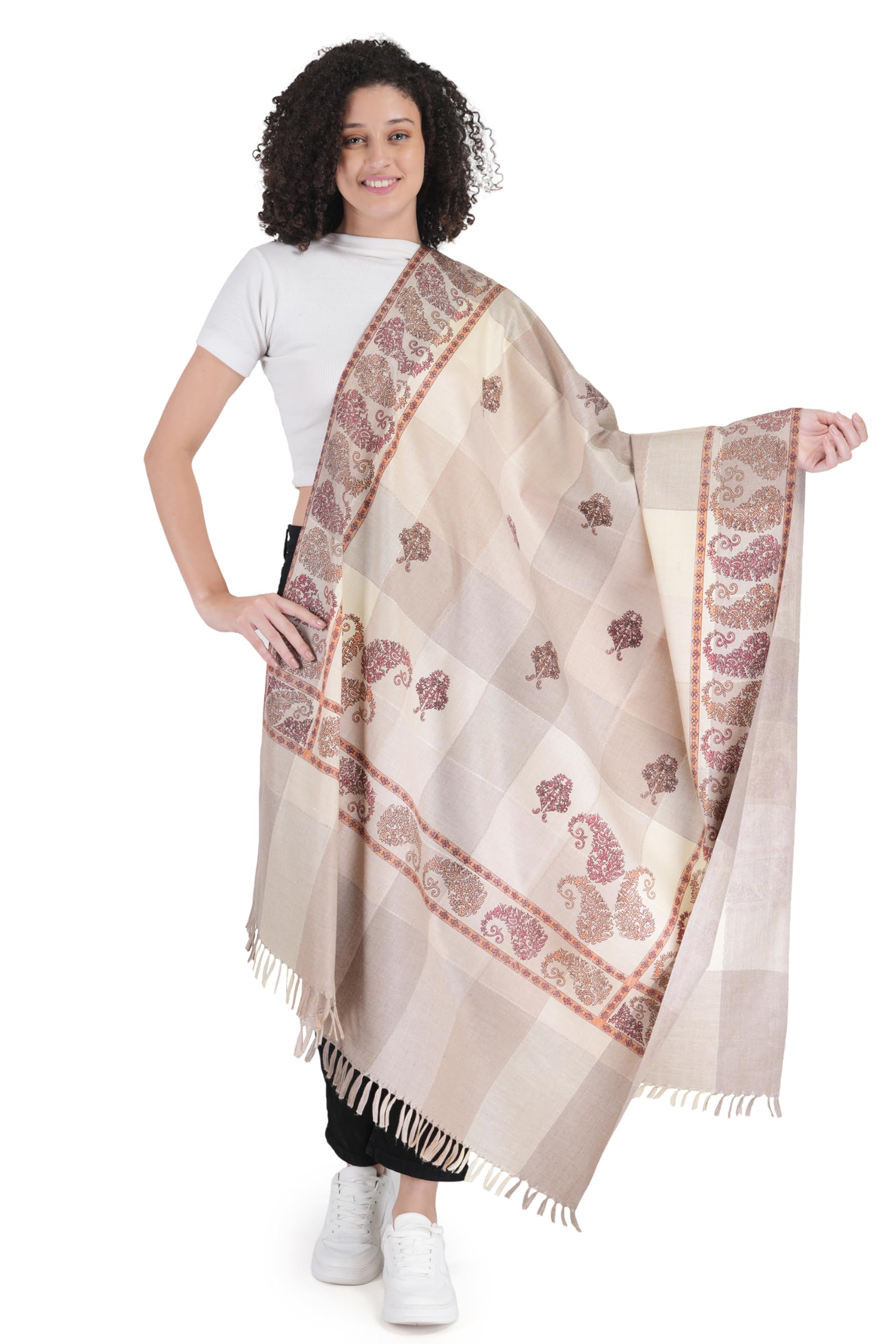 manra Women Kashmiri Woolen Shawl – Full Printed Design for Winter. Warm, Soft, and Stylish Winter Wrap for Women. Ideal for Ladies, Perfect as a Gift for Any Occasion (Light Beige)-picture-58