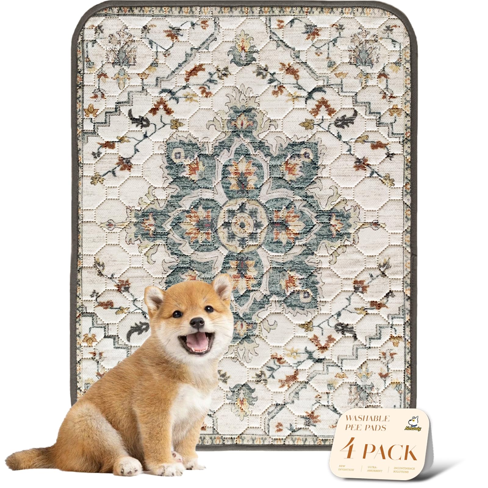 nunubaby 4PACK Washable Pee Pads for Dogs, Stylish, Non-Slip and Leak-Proof Pee Pads. Reusable Potty Pads for Dogs for Crates and Floors.(Beige/Floral, 18" x24" )