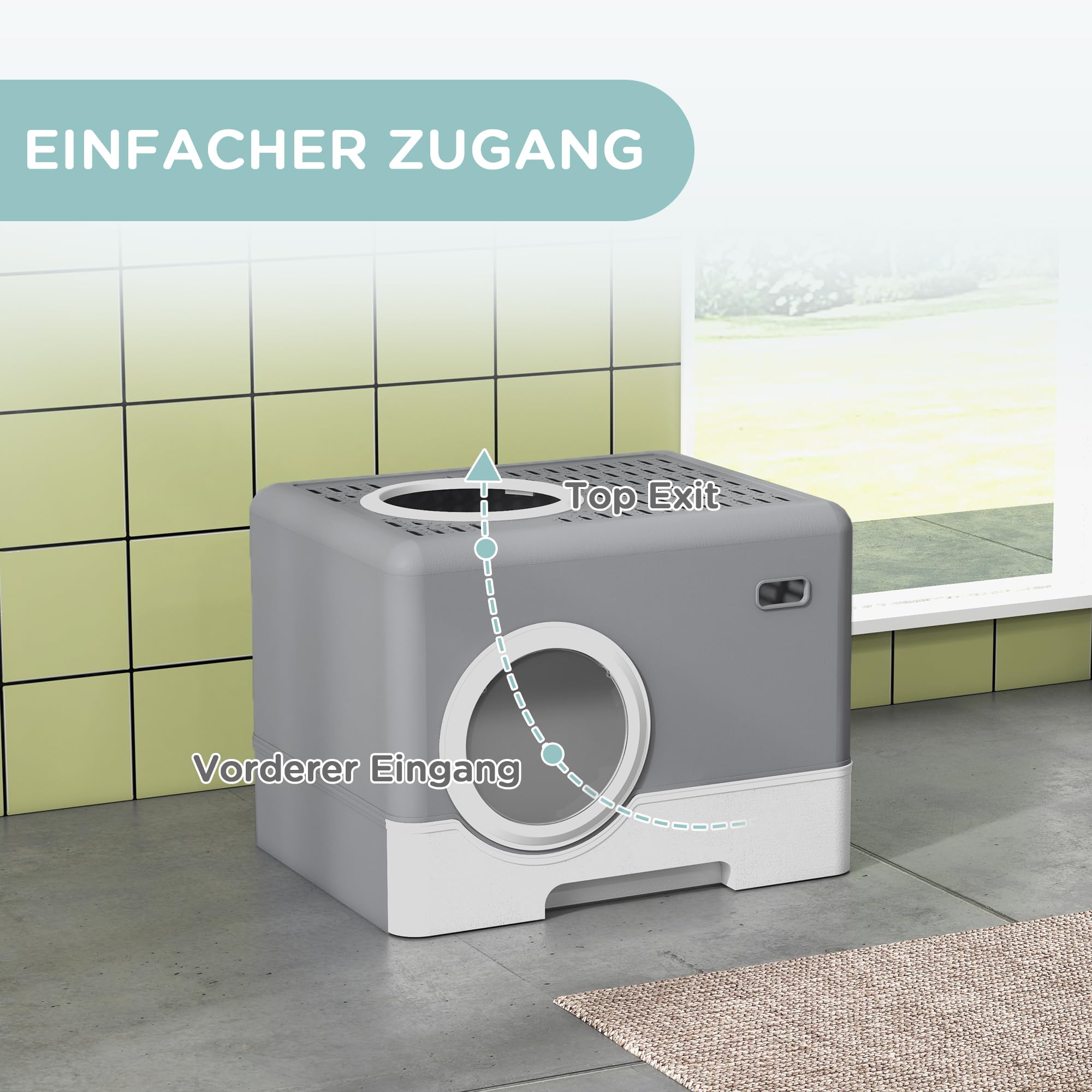 PawHut Katzentoilette mit Deckel Katzenklo mit Haube und Schaufel ausziehbare Schublade 2 Ausgänge Katzentoilette für Katzen bis 4 kg 52 x 41 x 38,5 cm Grau
