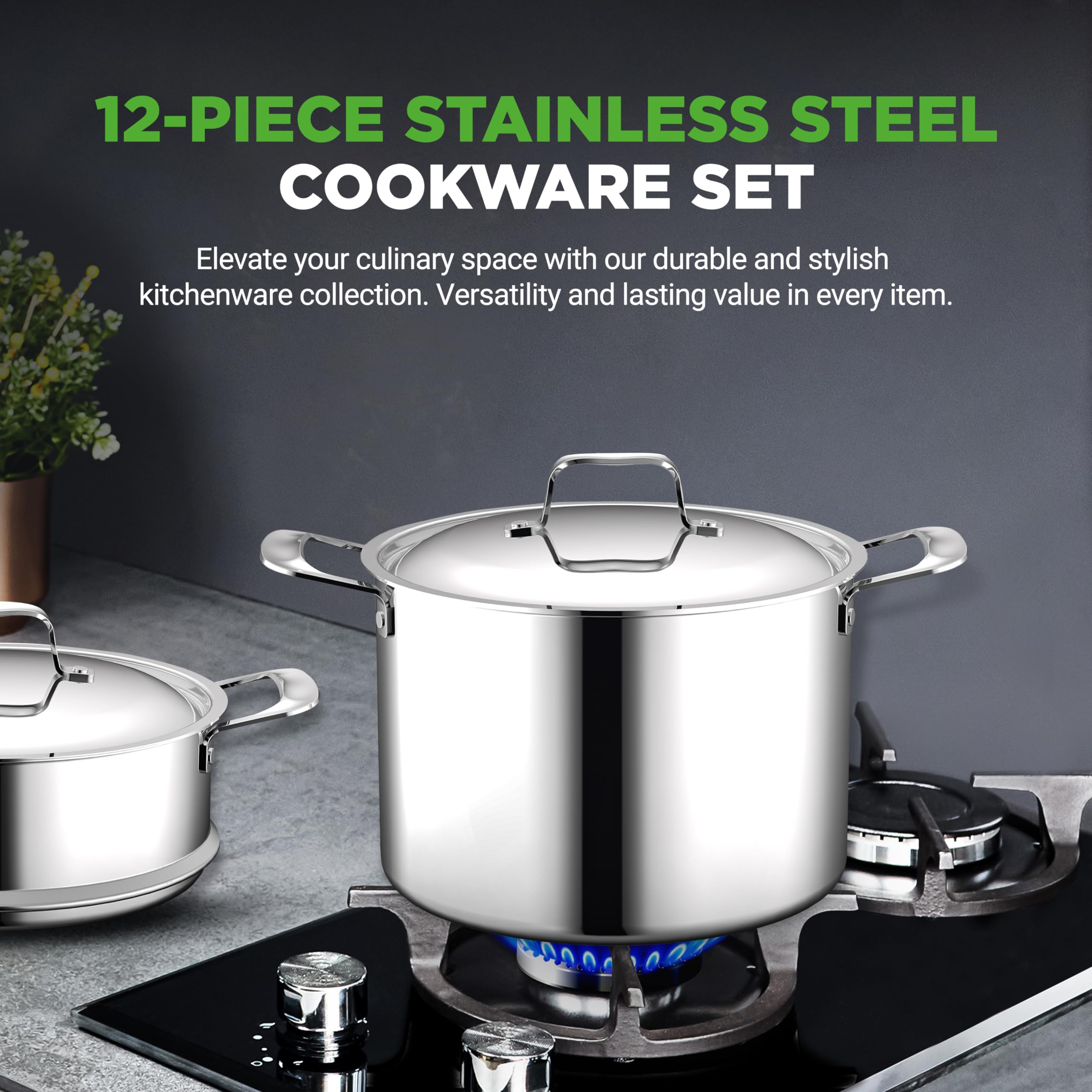 NutriChef Juego de utensilios de cocina profesionales de acero inoxidable de 12 piezas, ollas de tres capas, sartenes antiadherentes de cerámica, compatibles con inducción, asas remachadas fuertes