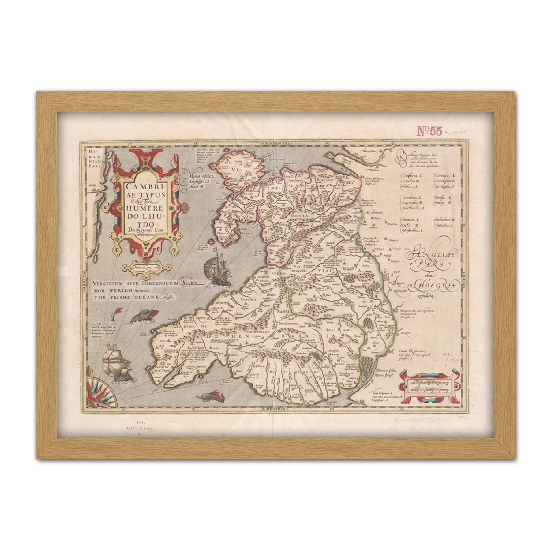 Hondius 1633 Welsh Latin Early Map Wales Cymru Artwork Framed Wall Art Print 18X24 Inch