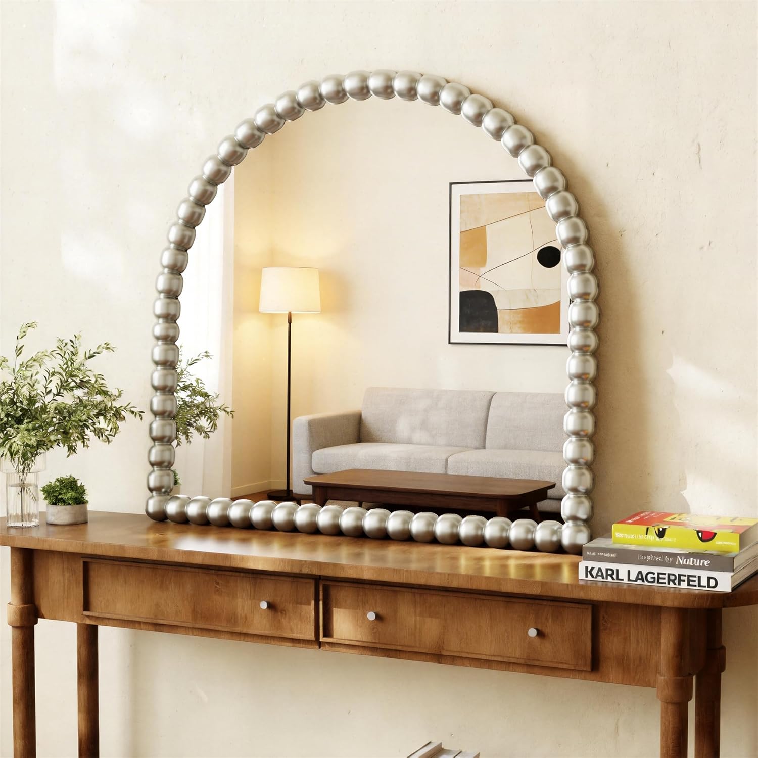 31"×32" Silver Arched Bathroom Vanity Mirror, Vintage Beaded Decorative Wall Mounted Makeup Mirror, as Wall Decor Hanging Leaning for Fireplace Mantle, Living Room, Bedroom, Vanity Area