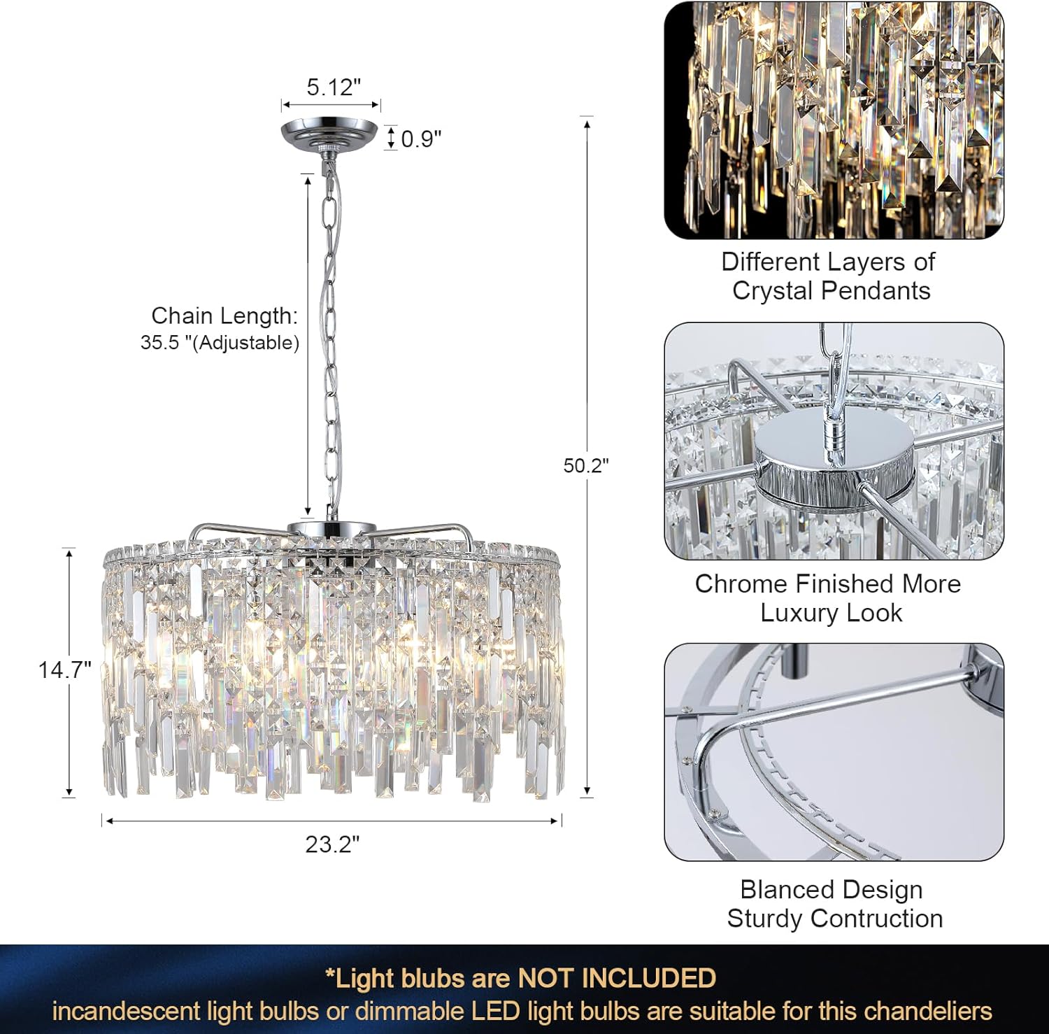 Crystal Chandelier, 24" Modern Round Chandelier for Dining Room, K9 Large 8-Light Crystal Pendant Fixtures Raindrop Luxury Pendant Ceiling Light Chrome for Entryway Foyer Staircase