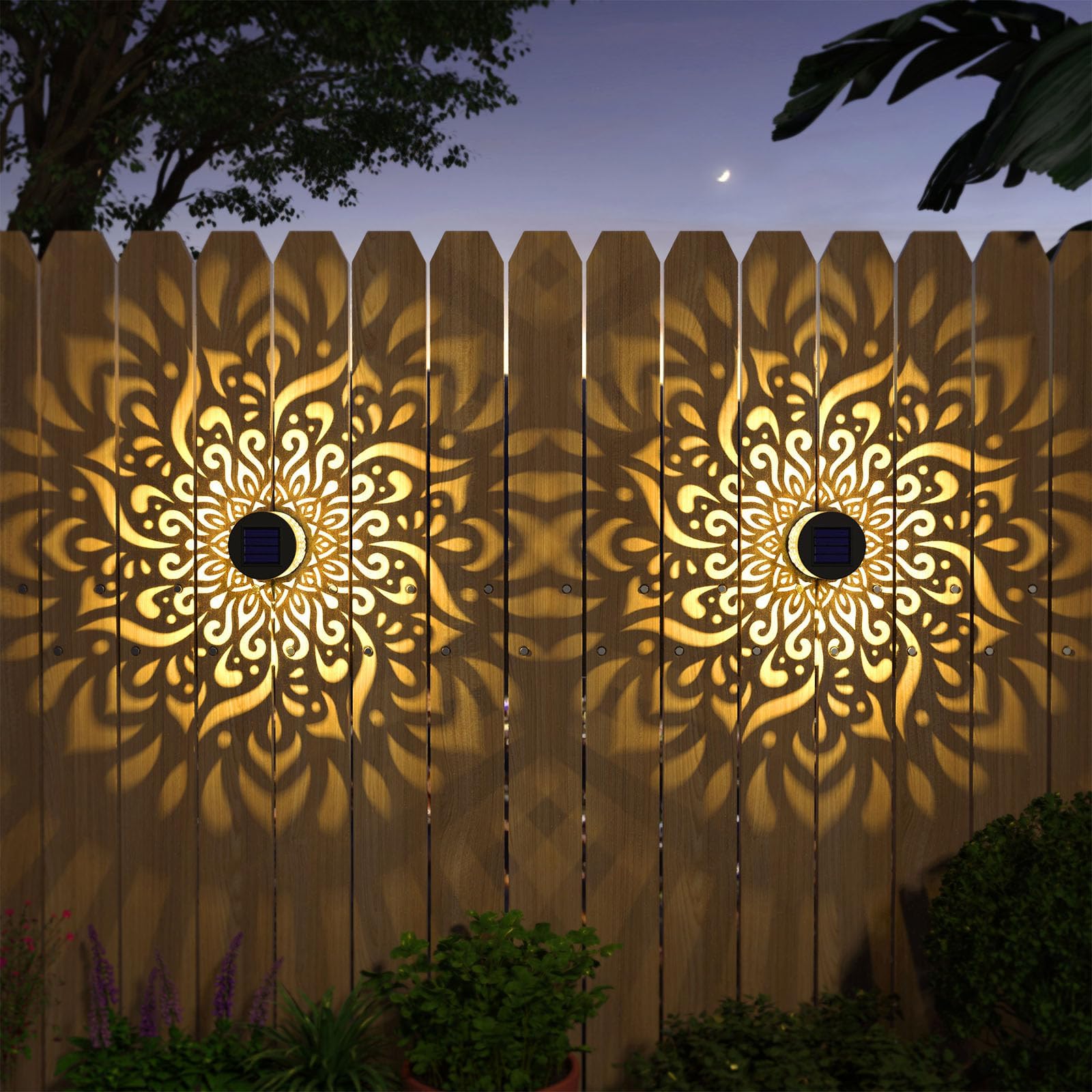 Lysliv 2 Pack Solar Fence Lights, Metal Solar Powered Outdoor Wall Deck Step Lights, IP55 Waterproof Warm Yellow Mandala Lotus Projection Decorative Lighting for Garden Patio Backyard Yard Decor