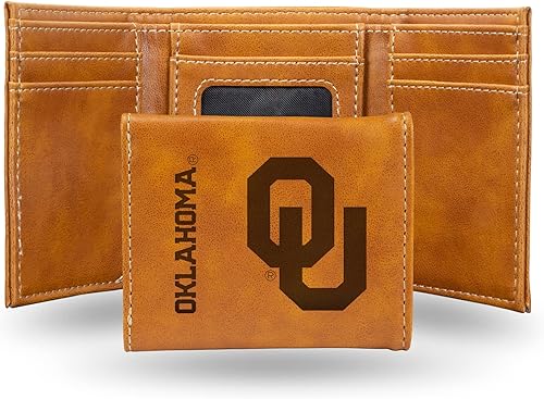 Rico Industries NCAA Oklahoma Sooners - Billetera marrón para hombre, con 10 bolsillos grabados con láser, logotipo del equipo en piel vegana,