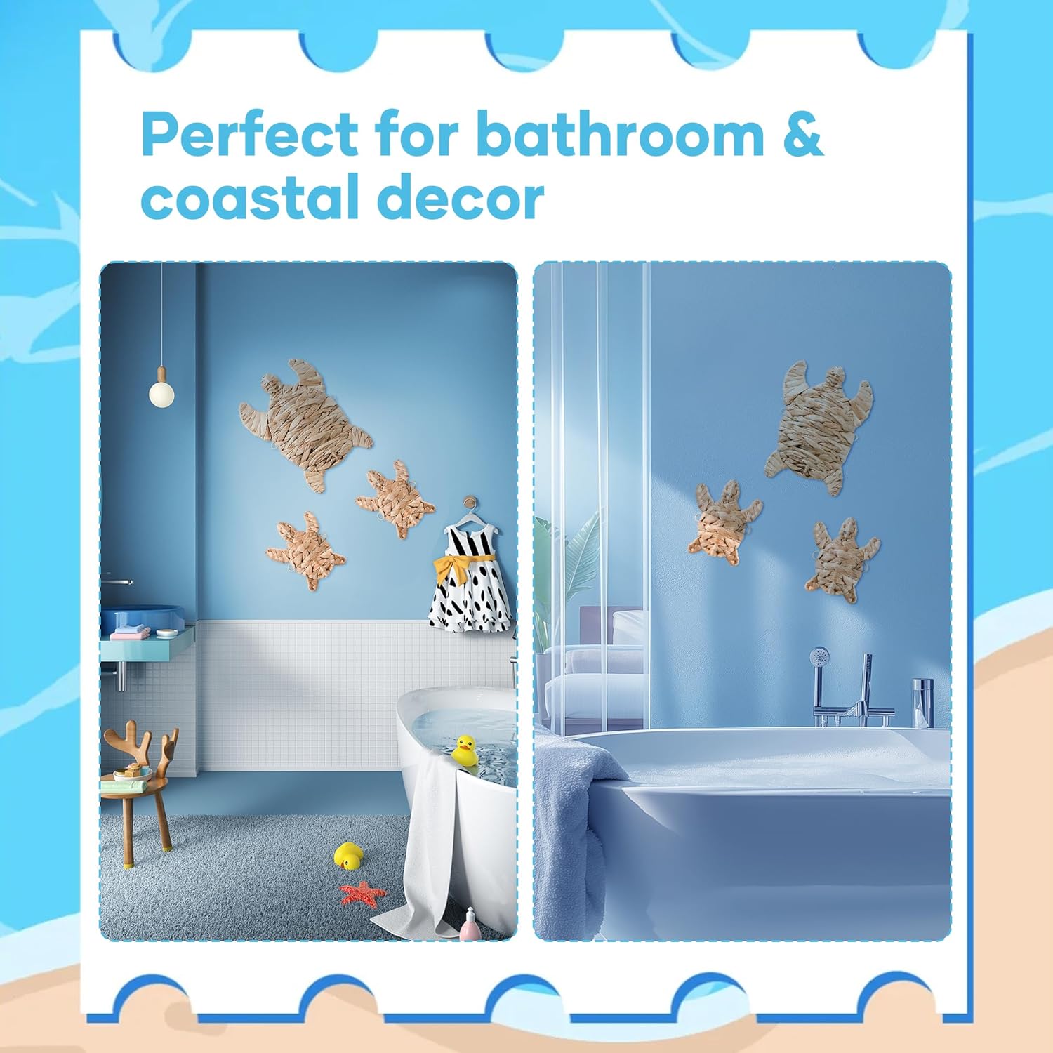 Sea Turtle Wall Decor Set - 3 Piece Handwoven Water Hyacinth Art - Large 10.7" Small 5.7" - Coastal Bathroom Living Room Decor