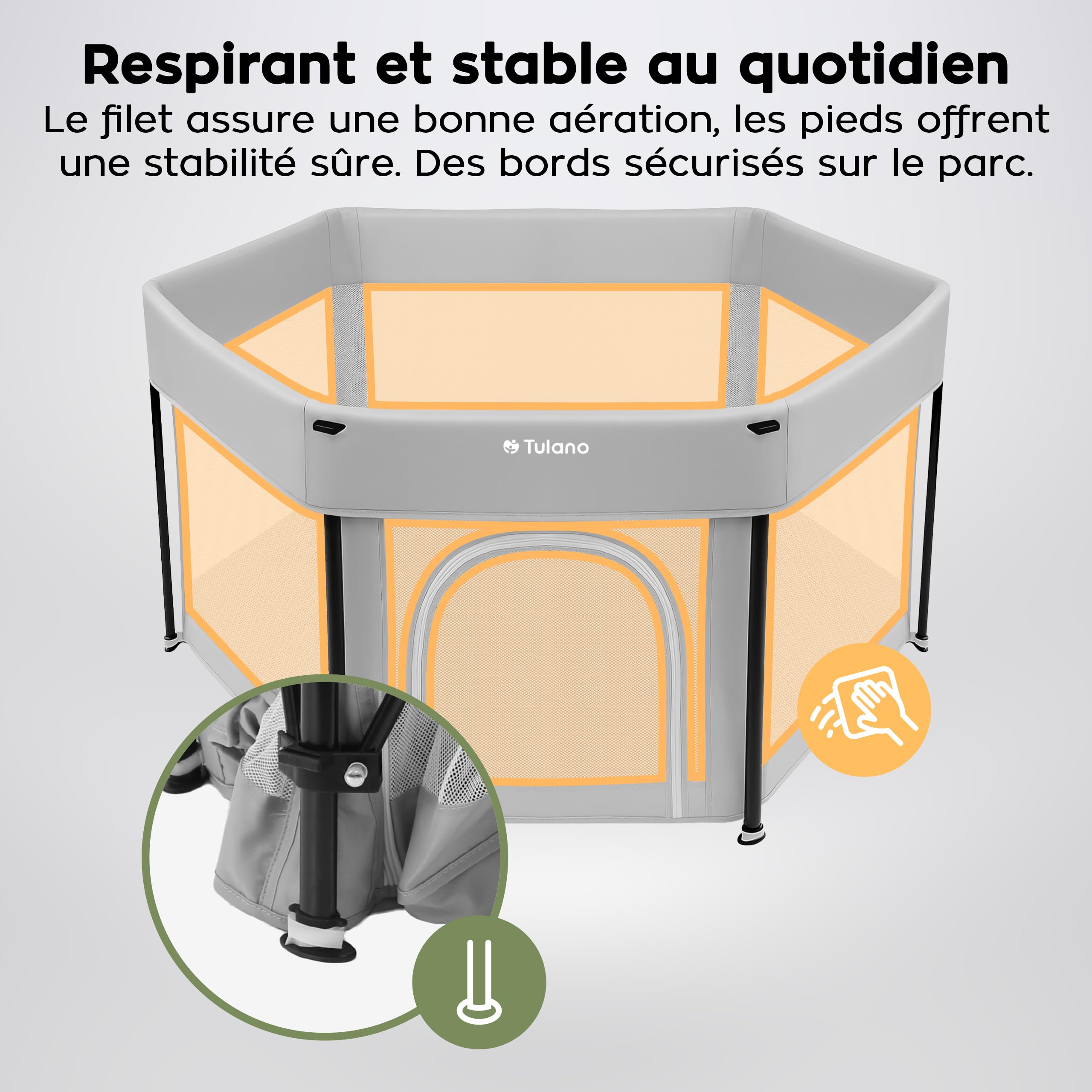 Tulano Cozy 30, parc bebe pliable, structure métallique stable, Gris | parc enfant pour usage intérieur et extérieur, parois en maille, entrée zippée, Sac de Transport, 120x120-6 à 36 mois