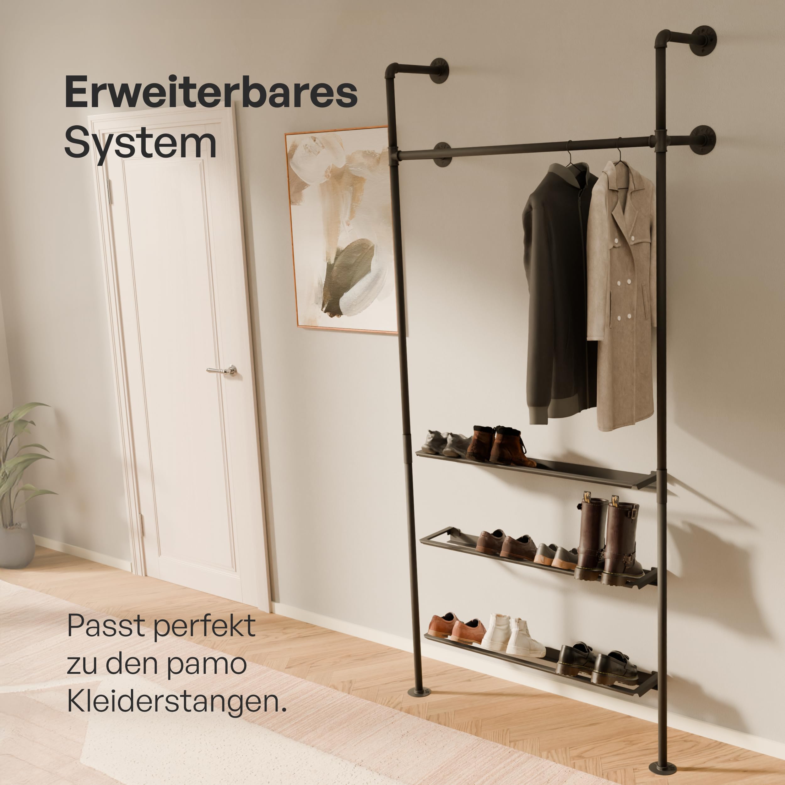 pamo Schuhregal schmal Metall zur Wandmontage 91 x 20 cm | Platzsparender Schuhschrank für Flur, Ankleide oder Schlafzimmer – Schwarze Schuhablage für Sneaker