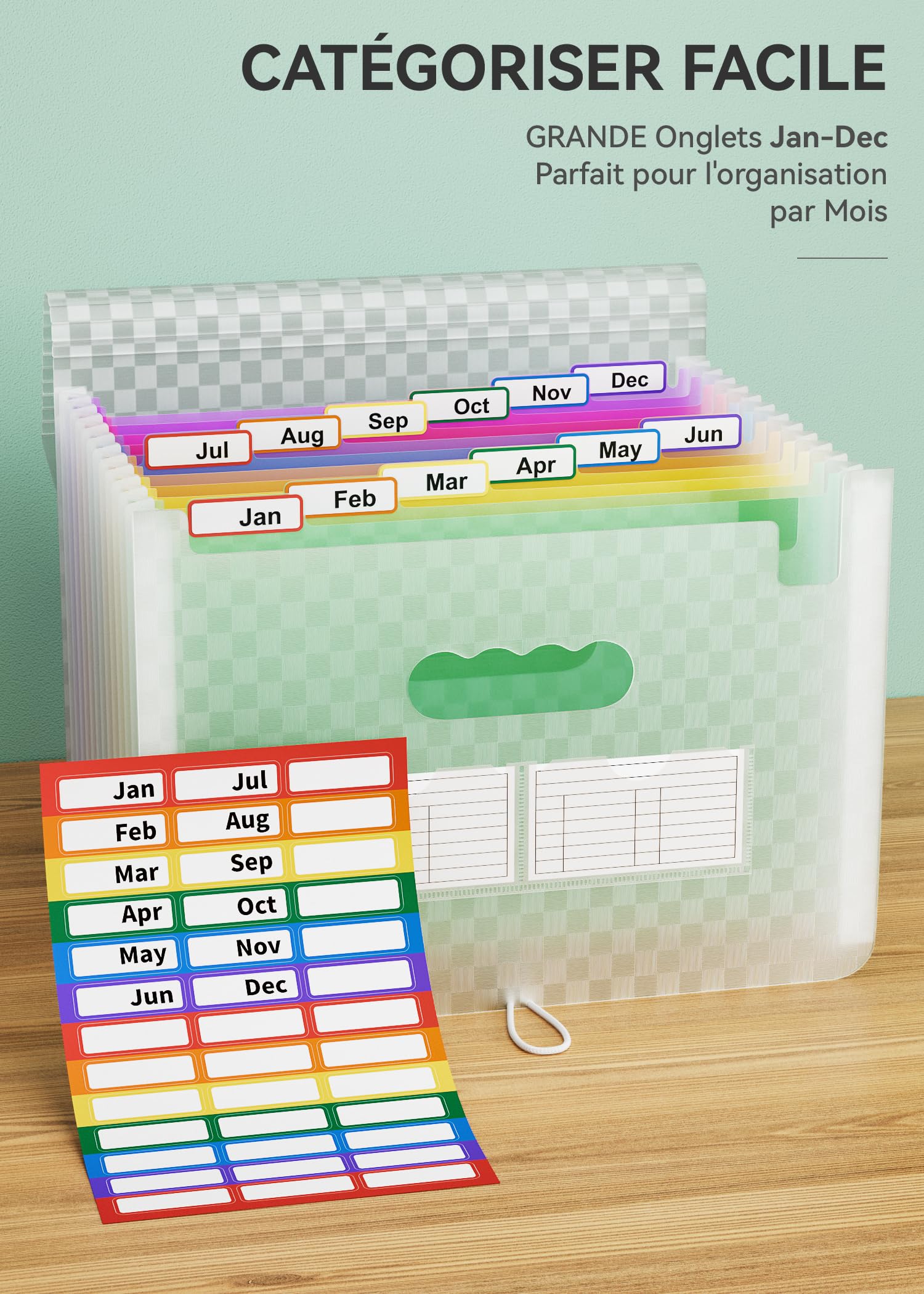 ABC life A4 Rangement Papier Administratif Trieur 12 Compartiments,A4 Trieur Document avec Motif de Grille, Portable Valisette Trieur Accordeon, Accordéon Organiseur de Dossiers de Fichiers(Vert)