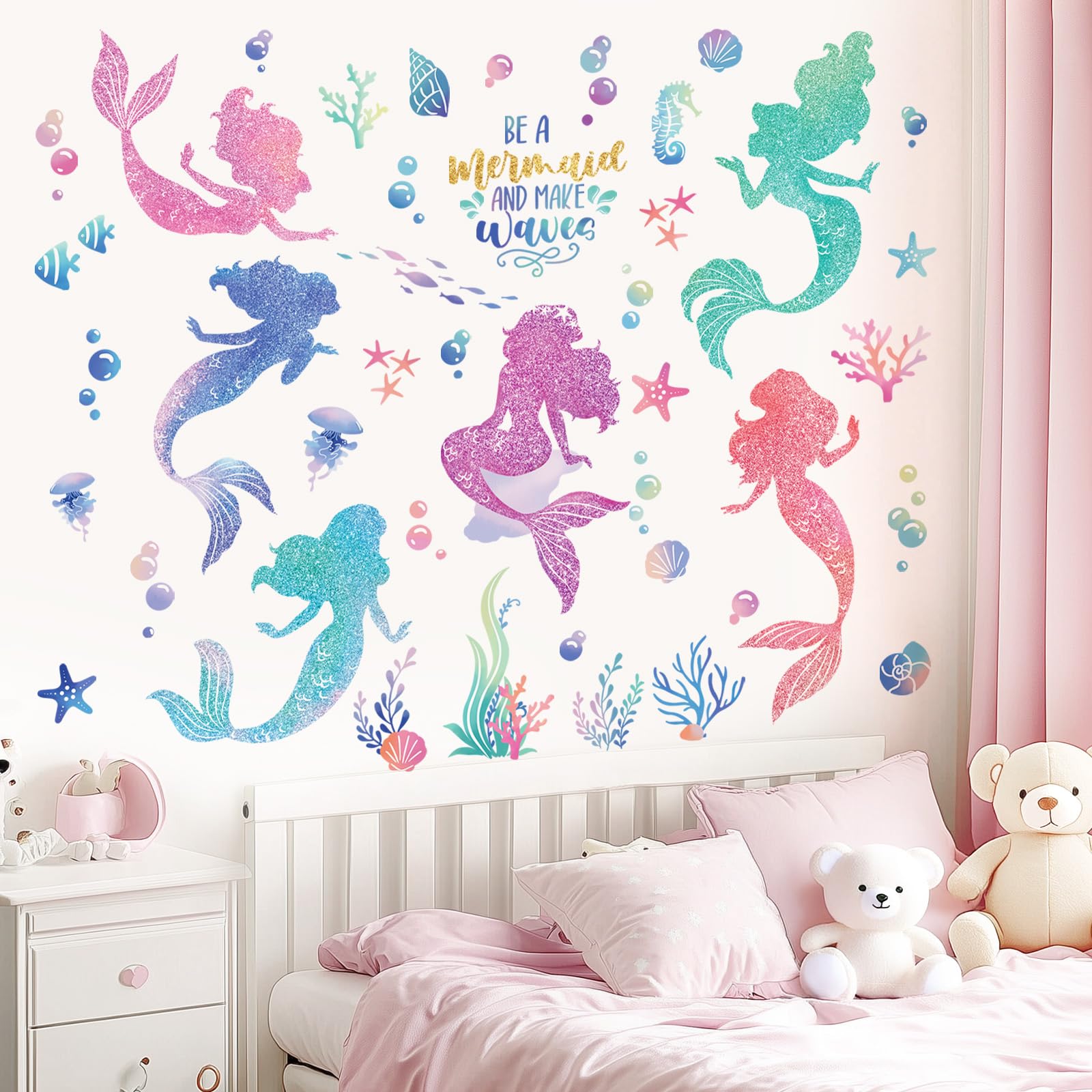 wondever Under The Sea Mermaid Bubble Glitter Wall Stickers Be A Mermaid and Make Waves Peel and Stick Wall Art Decals for Girls Bedroom Baby Nursery Kids Bedroom - Image 2