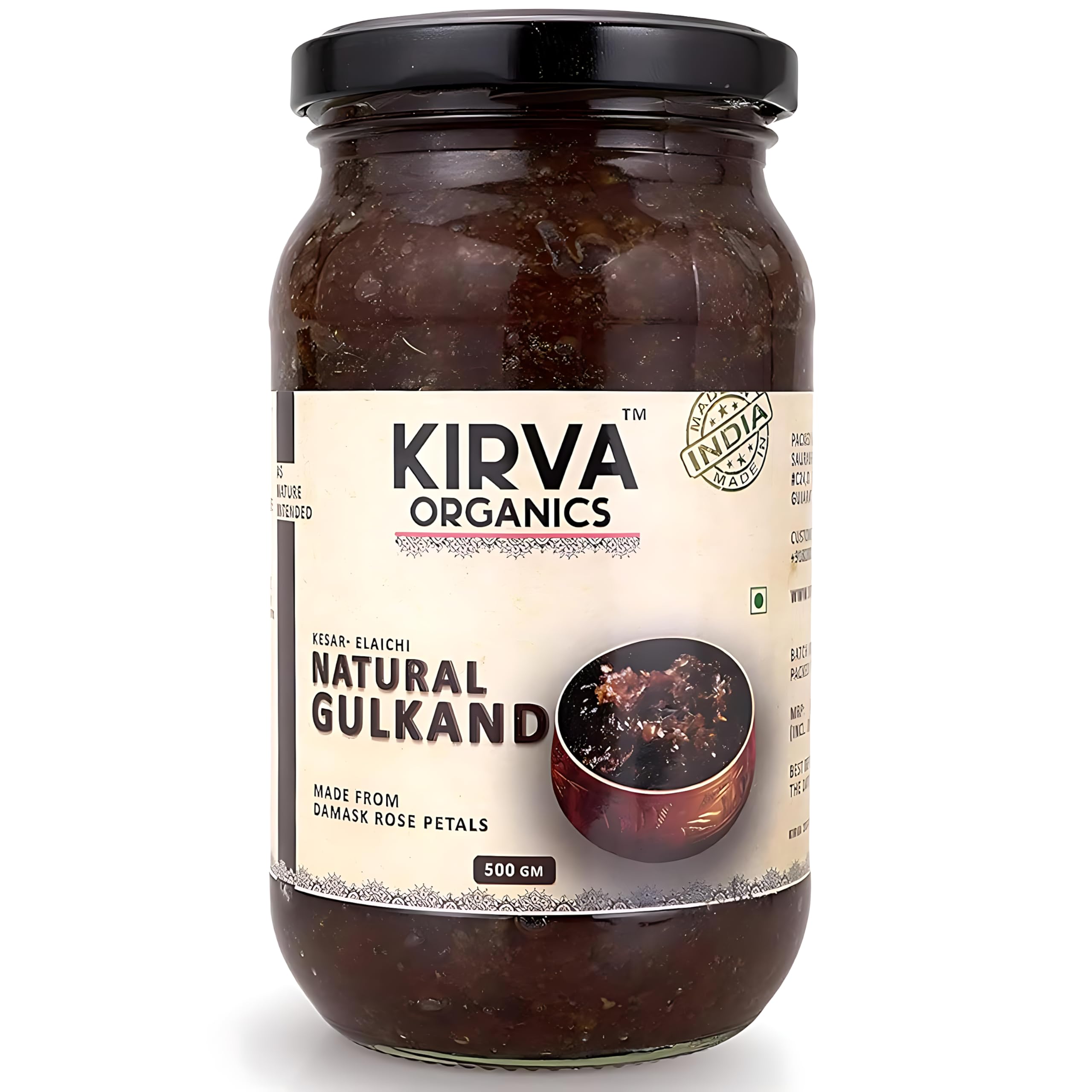 Kirva Organics Natural Gulkand | Damask Rose Petals and Rock Sugar - Kesar Elaichi - 500g (1 x 500g)