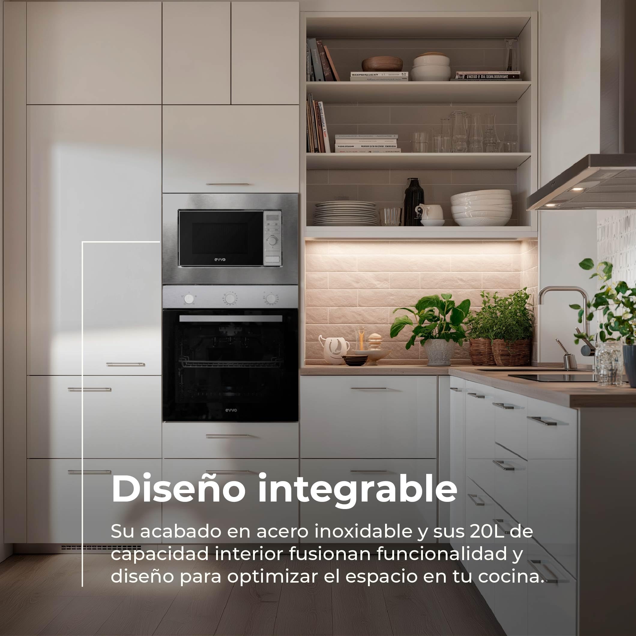 EVVO Einbau-Mikrowelle Mi30 Inox – 21 Liter, Mikrowelle mit Grillfunktion, Digitalanzeige, Kindersicherung und 60-Minuten-Timer, Schwarz