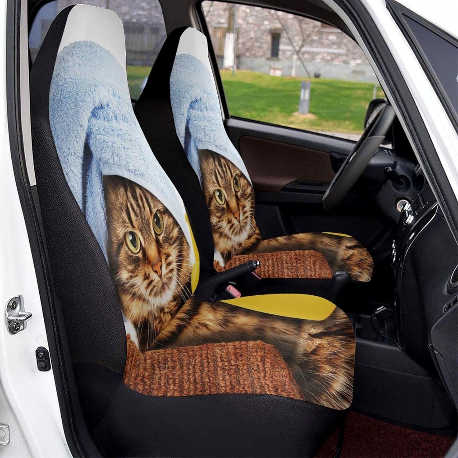 Amazon 頭にバスタオルを巻いた猫 シートカバー カーシートカバー シートクッション 防塵 汚れ防止 耐久性 撥水素材 1枚 座席カバー ポケット付き 軽 普通車用 自動車 Suv セダン 前席適用 カー用品 おしゃれ 取付簡単 丸洗いok 車 バイク 車 バイク