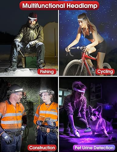 Miniatura 5 de Fulighture Linterna frontal recargable LED UV negra, paquete de 2, 230 de haz ancho, batería de 1200 mAh, IPX4 impermeable, modos de luz blanca y
