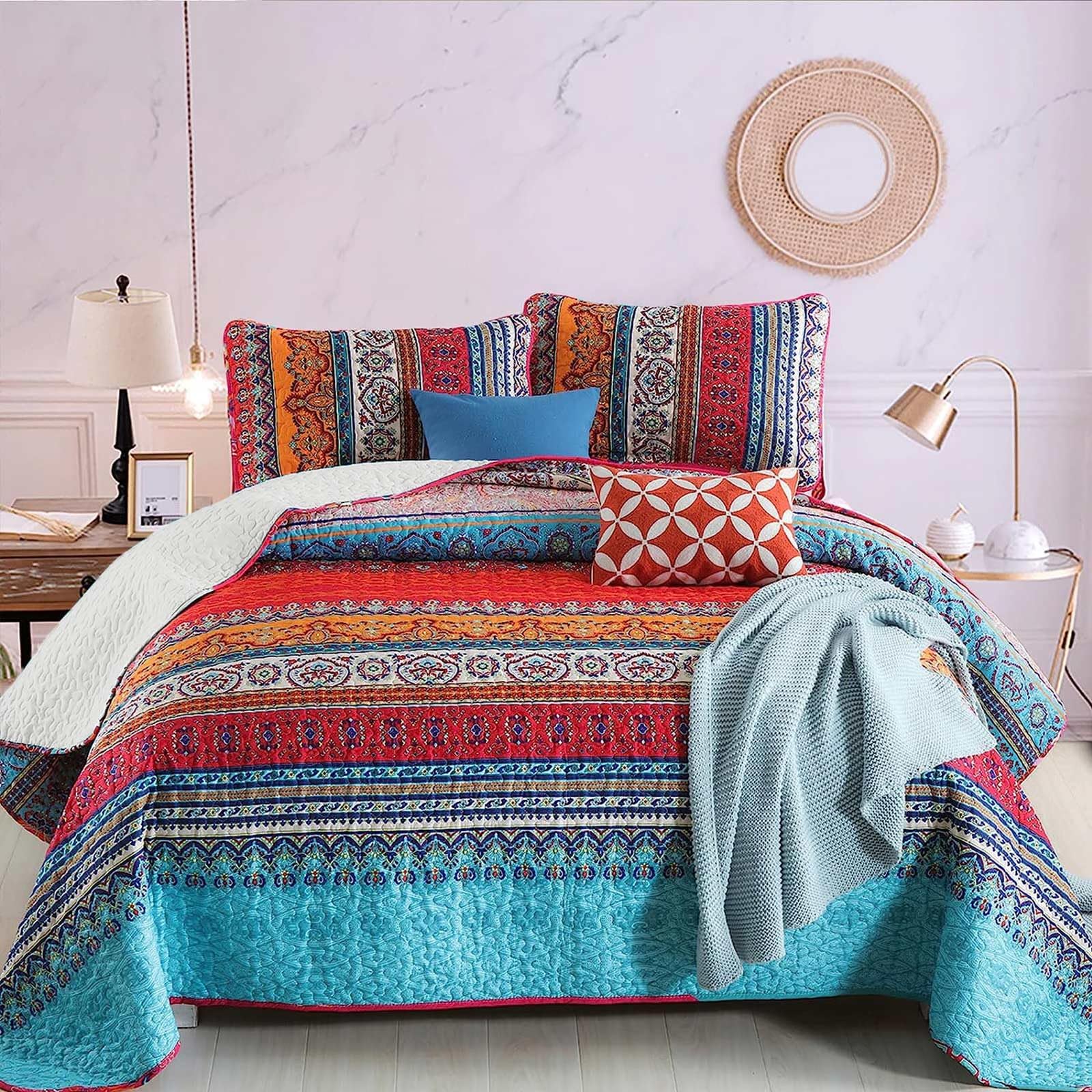 WONGS BEDDING Bohemian Quilt Set King Size, Boho Striped Printed Bedding Bedspread Coverlet Set for All Season, Lightweight Microfiber Quilts with 2 Pillowcases 104"x90" (3 Pieces, Colorful)