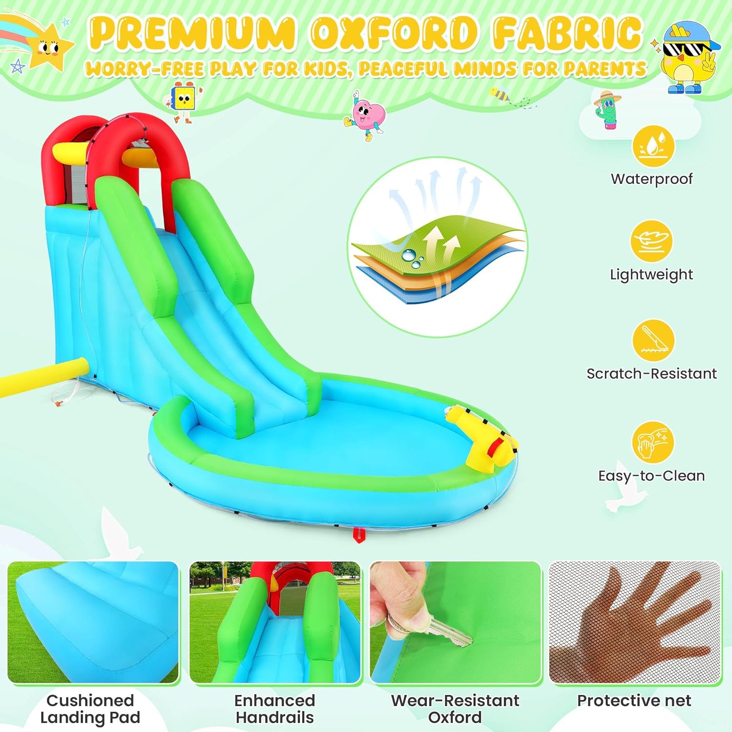 AKEYDIY Water Slide for Kids with Blower, Inflatable Water Park Kids Small Waterslide Backyard Fun Blow Up Water Slide with Splash Pool, Climbing Wall, Basketball Hoop, Water Cannon