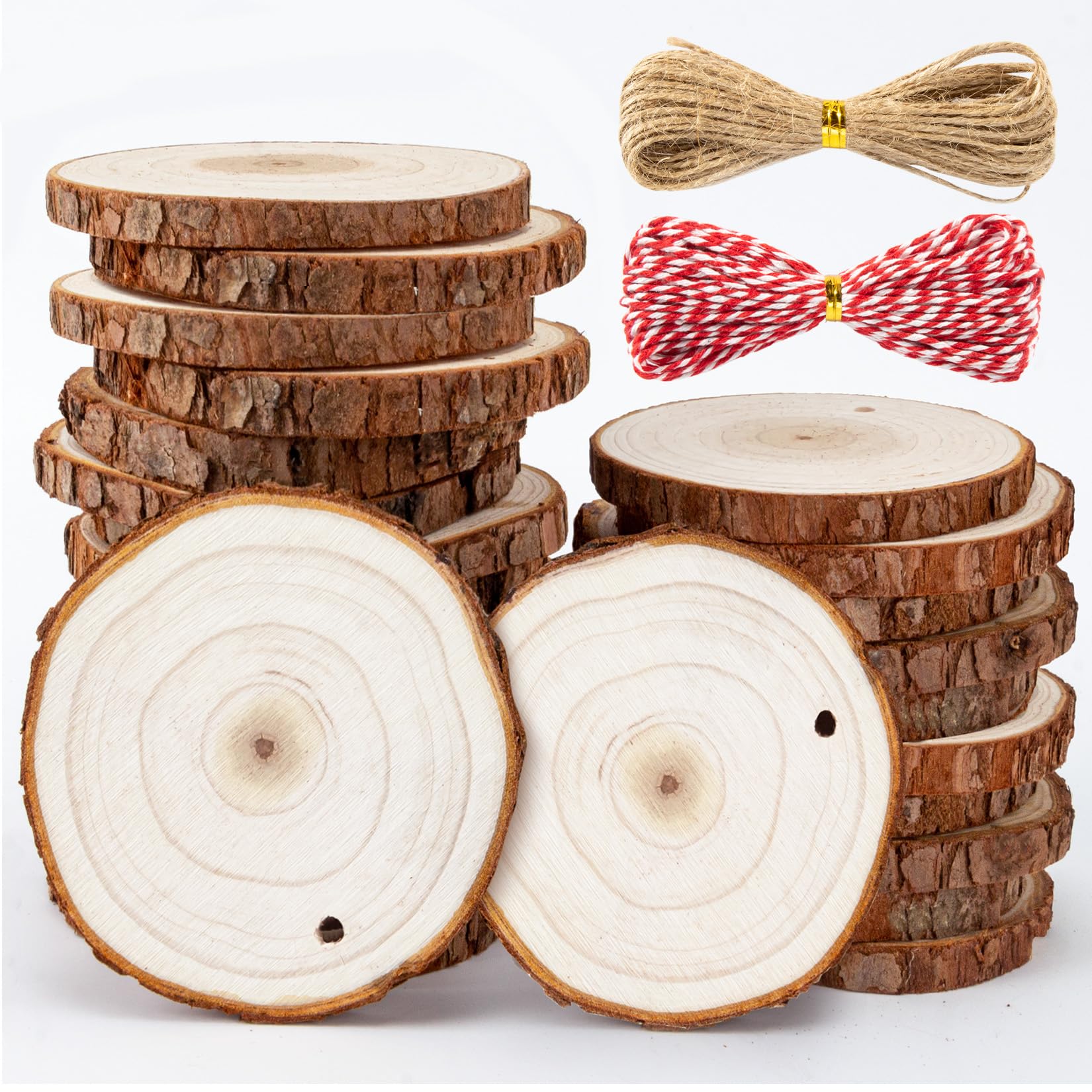 Sukh 20PCS Christmas Natural Wood Slices - Unfinished Wood Slices 2.7-3.1 Inches Wood Circles Predrilled with Hole Wood Circles Kit Wood Discs for DIY Christmas Ornaments,Arts,Crafts