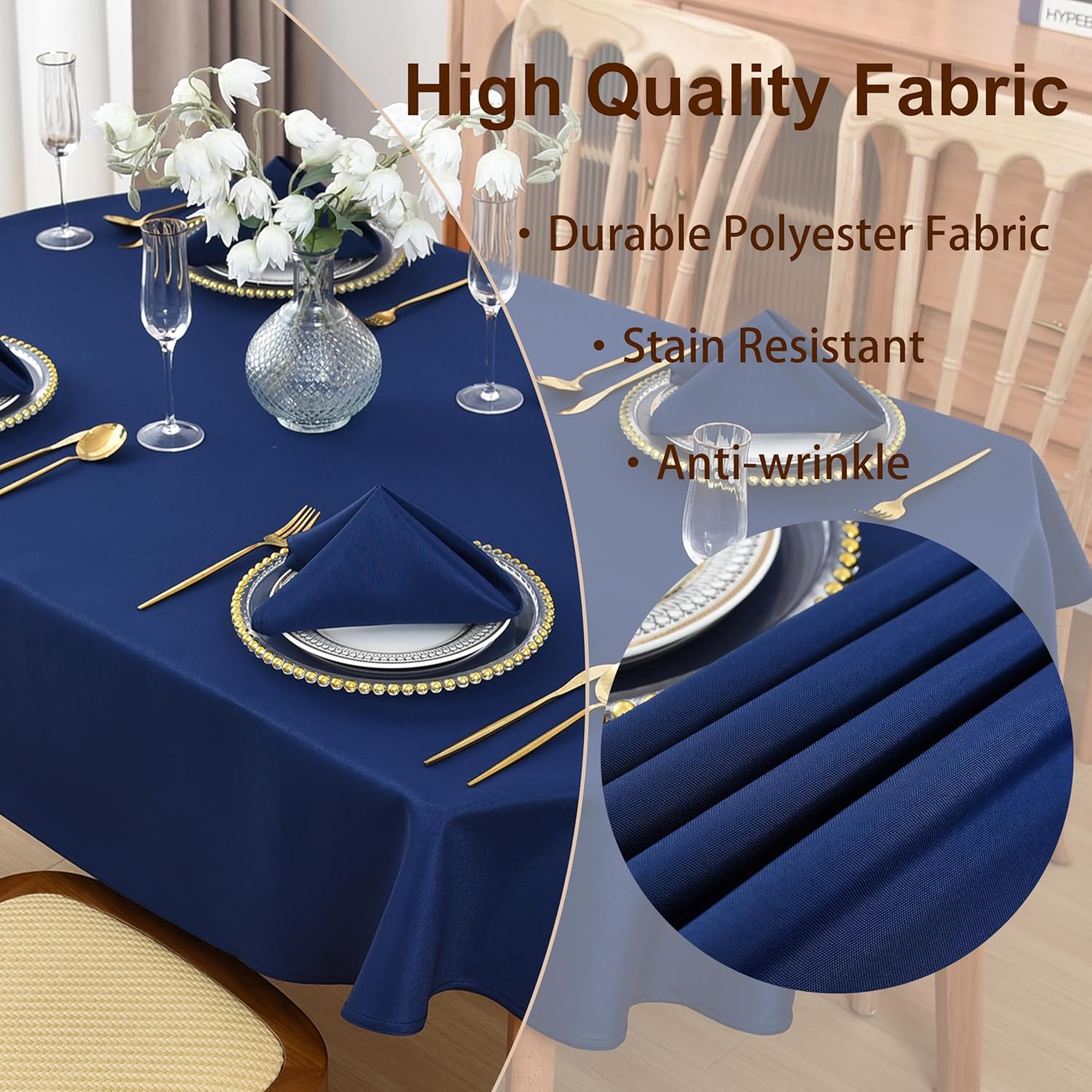 Navy Blue Oval Tablecloth, 60 x 102 Inch, Stain and Wrinkle Resistant Machine Washable Polyester Table Cloth, Fabric Table Cover for Dining Buffet Party and Outdoor Use