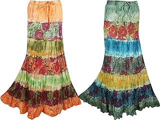 Mogul Interior 2pc Womens Maxi Skirt Tie Dye Cotton Tiered Gypsy Boho Gypsy Long Skirts M/L Orange,Green