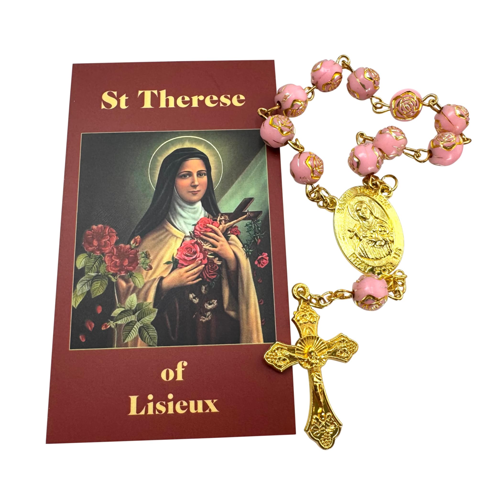 Westmon Works St Therese Chaplet Set Pink Bead Rose Gold Design Rosary One Decade Pack with Holy Prayer Card