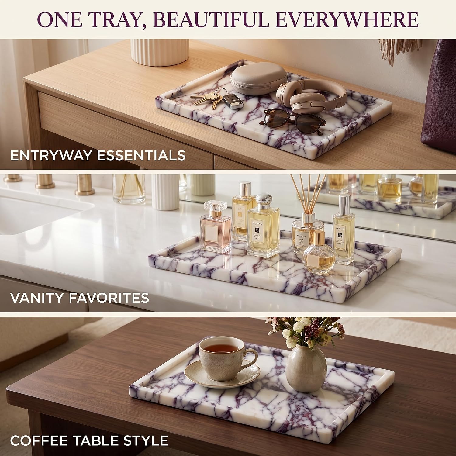 100% Natural Luxury Marble Tray.Marble Storage Tray, Suitable for Bathroom/Kitchen/Dressing Table/Cosmetics, Perfume, and Jewelry Display (Calacatta Violet, 12" x 8" x 0.7") image 4