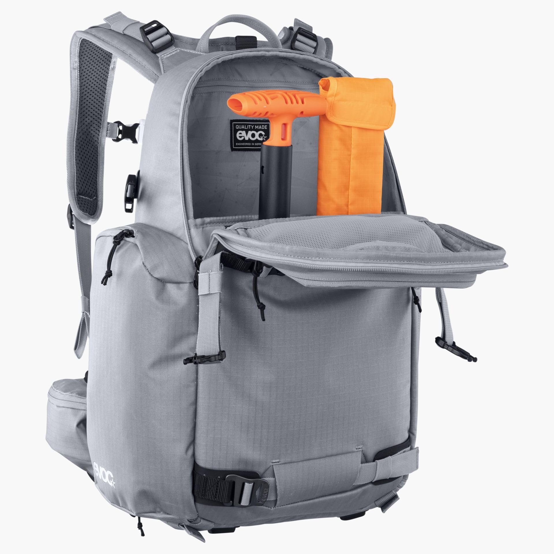 Plecak sportowy EVOC CP 18, lekki plecak trekkingowy (podział 50/50 na aparat i sprzęt, elastyczny pas biodrowy na plecaku, wymiary: 17 x 52 x 29 cm, pojemność: 18 l), kamienny szary
